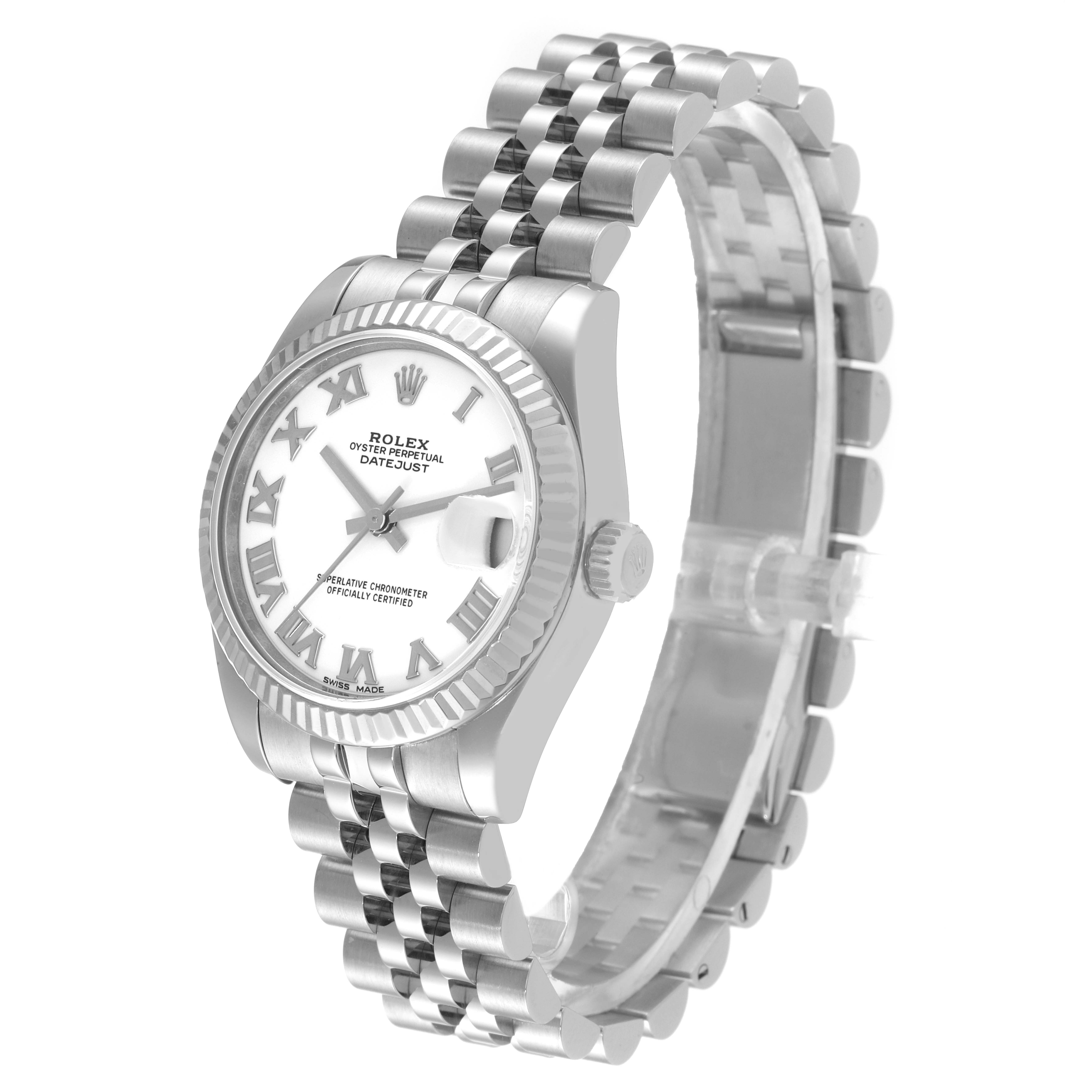 This image shows a close-up, angled view of a Rolex Oyster Perpetual Datejust Mid-Size watch, displaying the watch face and bracelet.