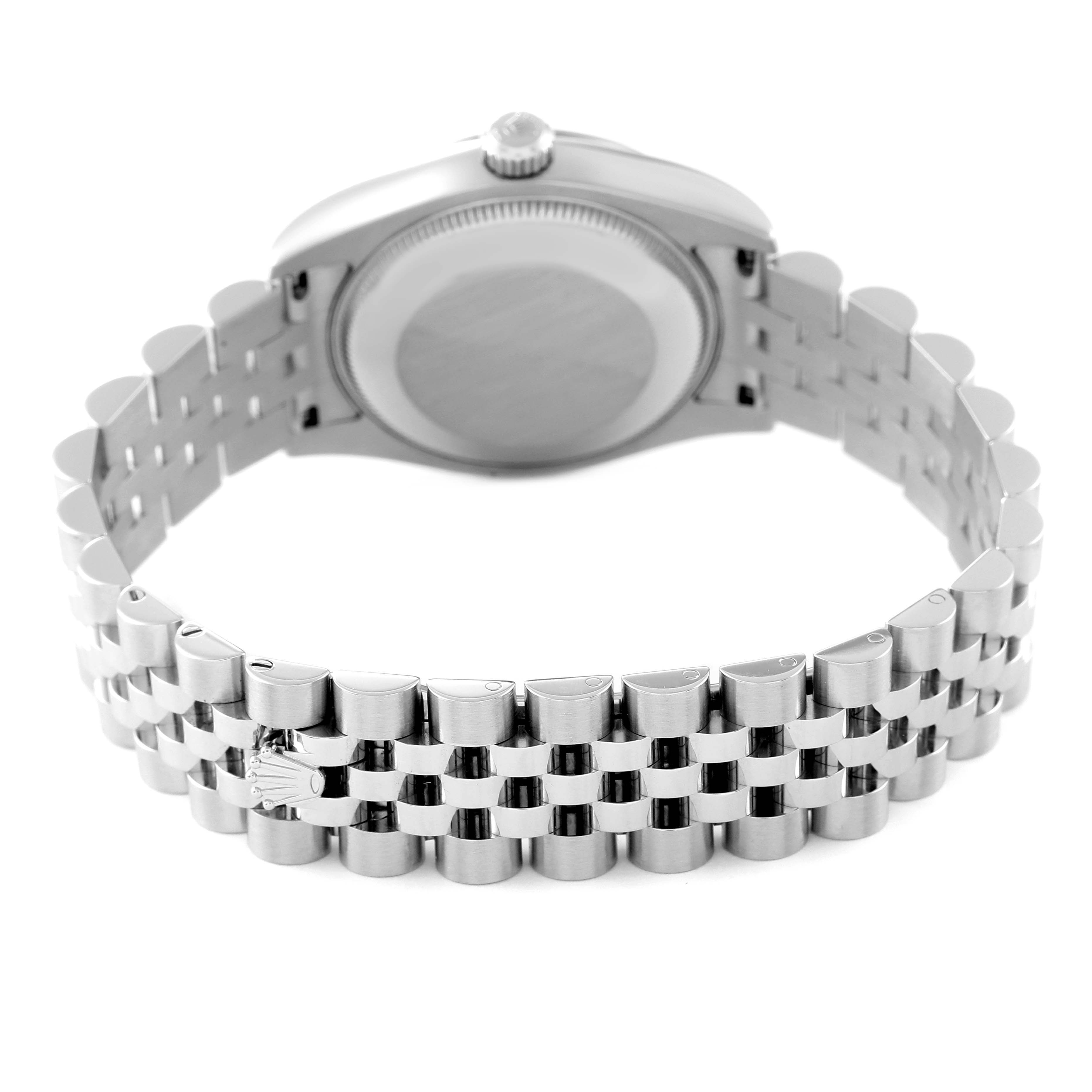 This image shows the back case and bracelet of a Mid-Size Rolex watch from a rear angle.