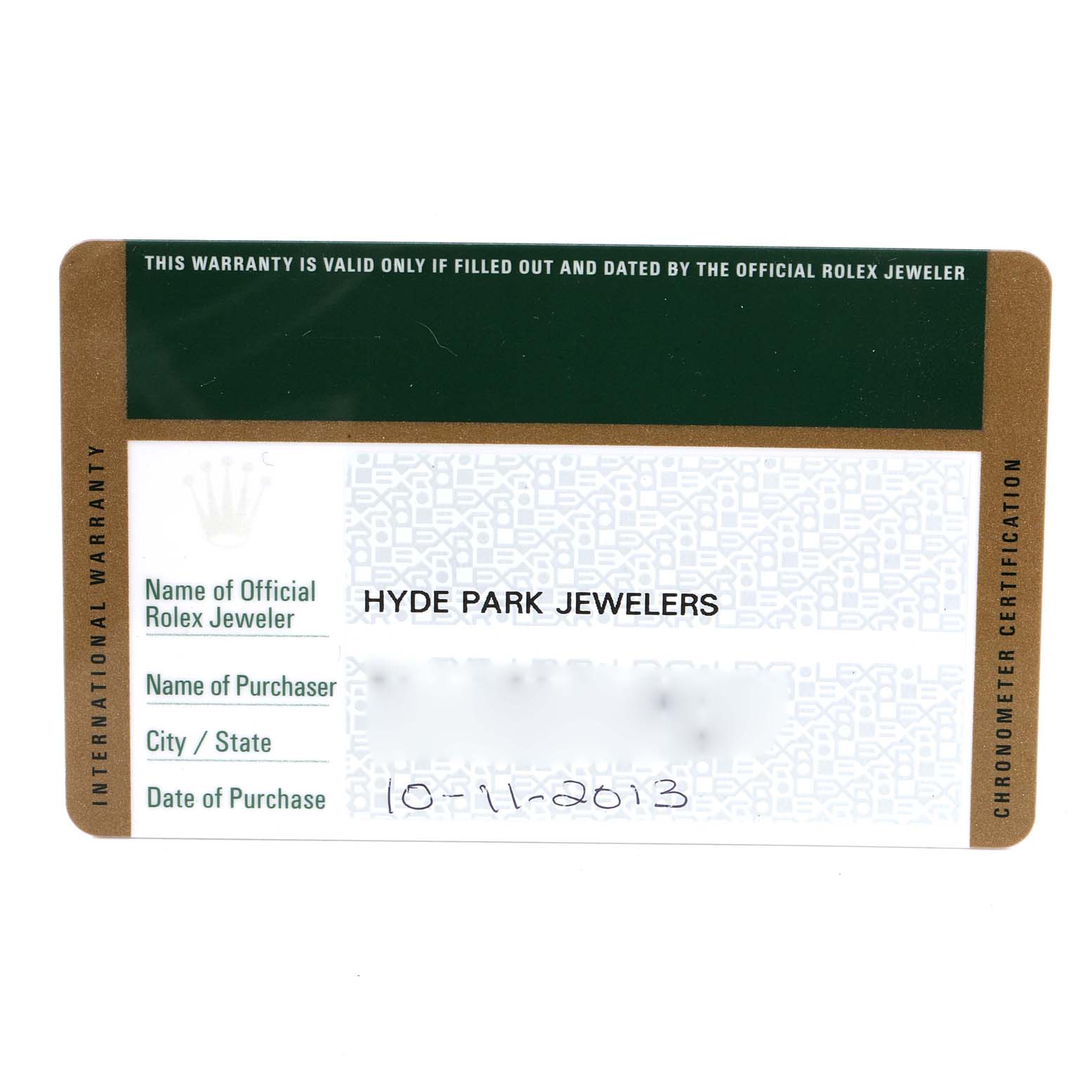 This image shows the warranty card for a Rolex Mid-Size 178274 Women
s Stainless Steel Silver Dial 178274 Women
s Stainless Steel Silver Dial watch, displaying the dealer
s name and purchase information.