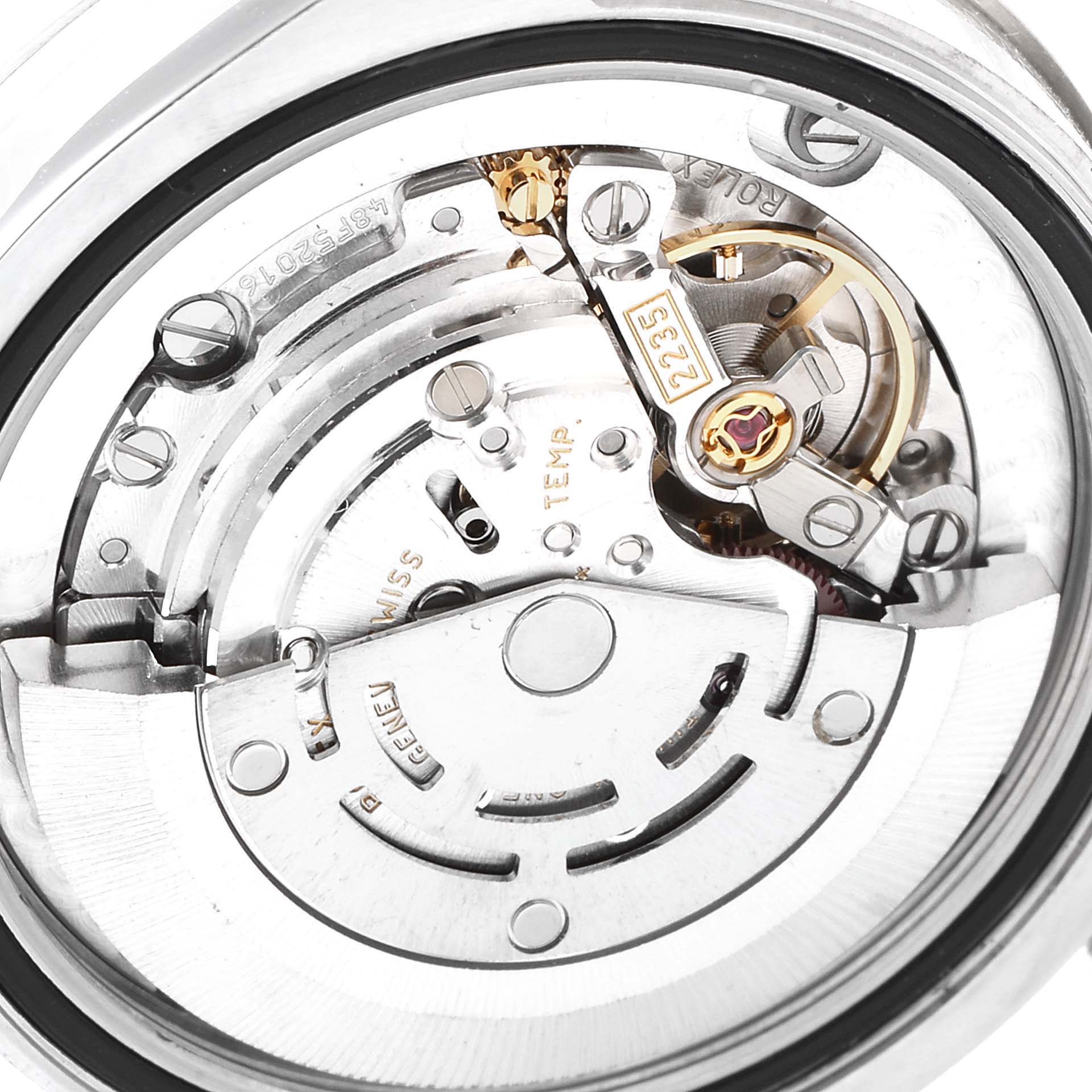 The image shows the back view of a Rolex Mid-Size 178274 Women
s Stainless Steel Silver Dial 178274 Women
s Stainless Steel Silver Dial watch displaying its internal movement mechanism.