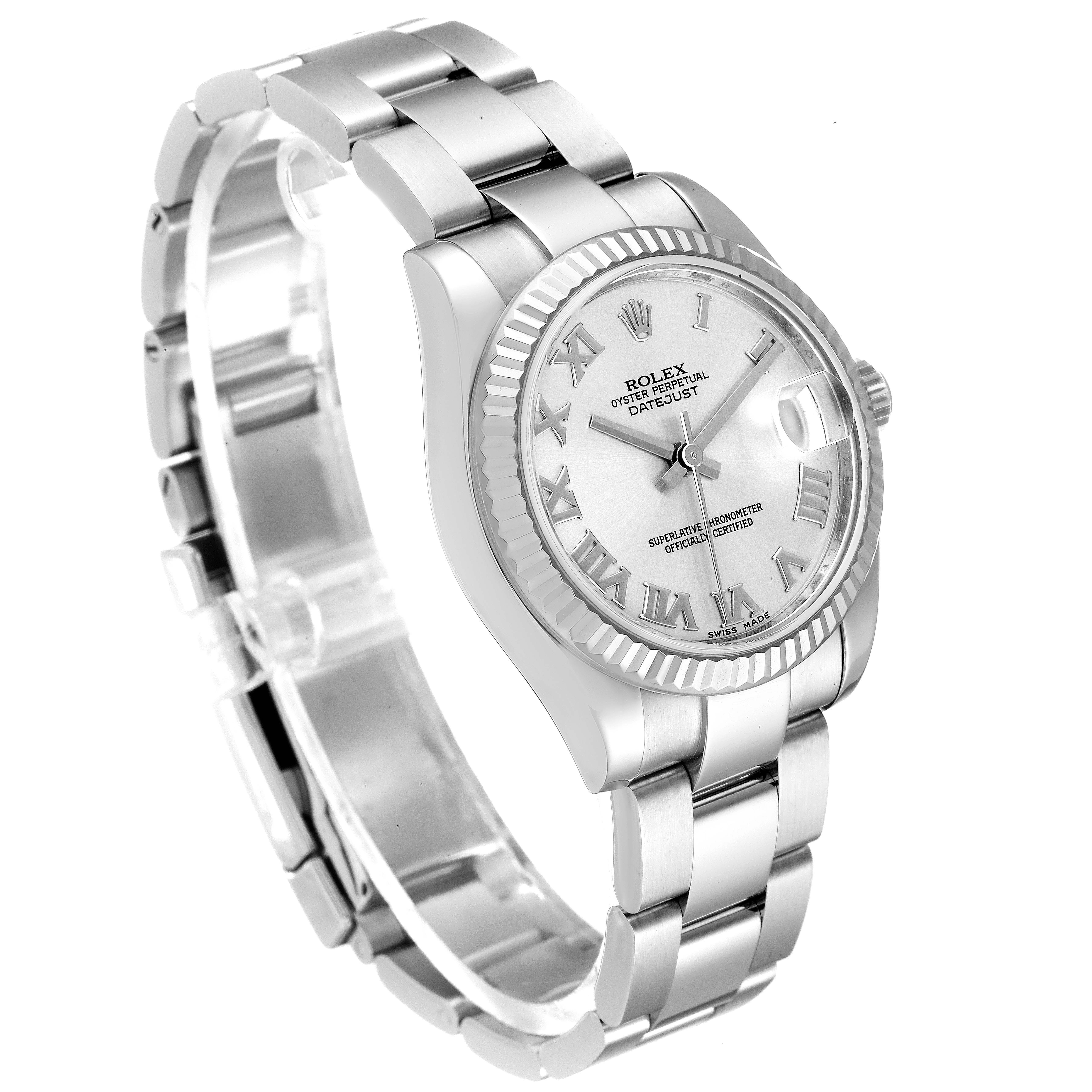 The image shows a side and front view of a Rolex Mid-Size 178274 Women
s Stainless Steel Silver Dial 178274 Women
s Stainless Steel Silver Dial Datejust watch, including the bracelet, bezel, dial, and crown.
