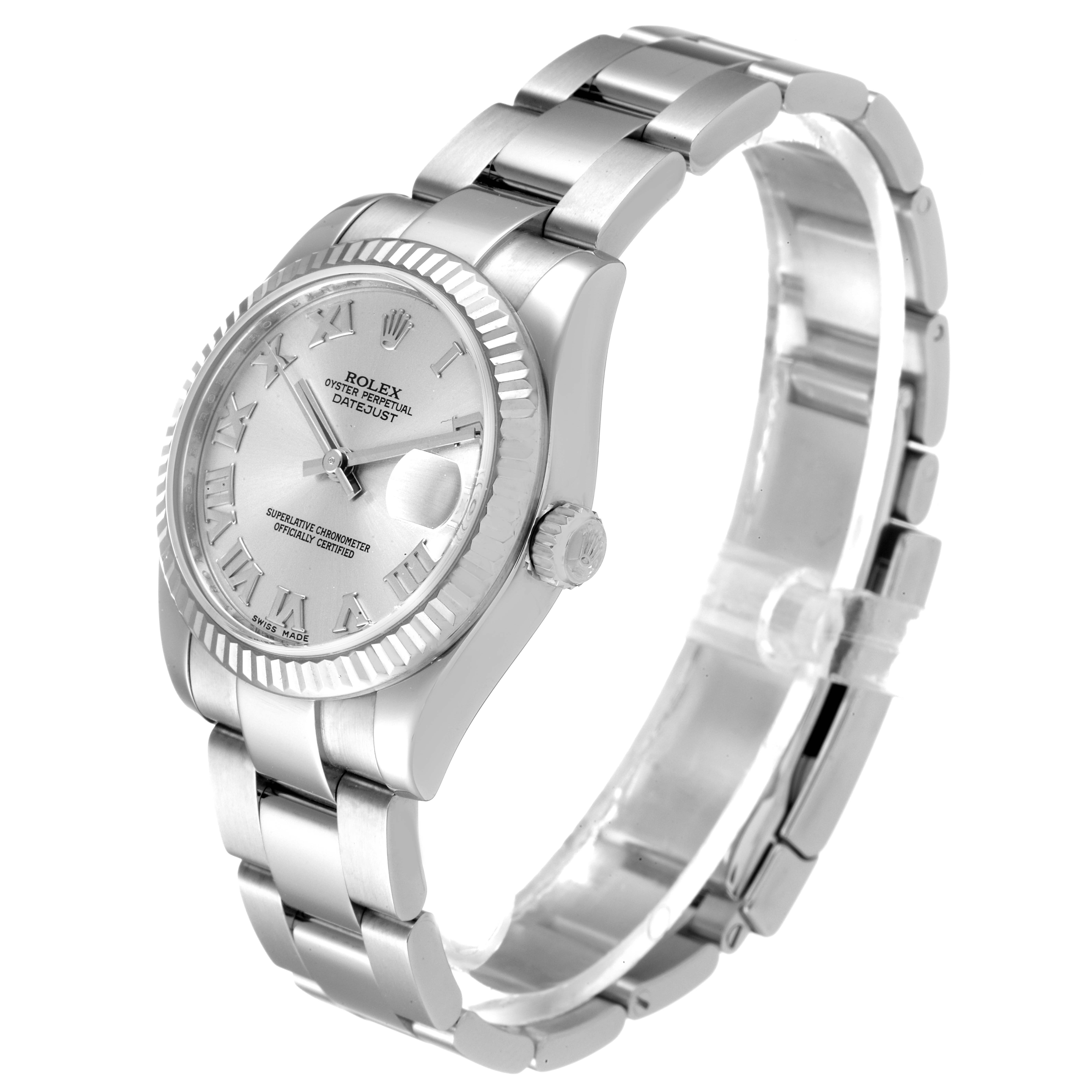 This image shows a Mid-Size Rolex watch, angled to display the face, crown, bezel, and part of the bracelet.