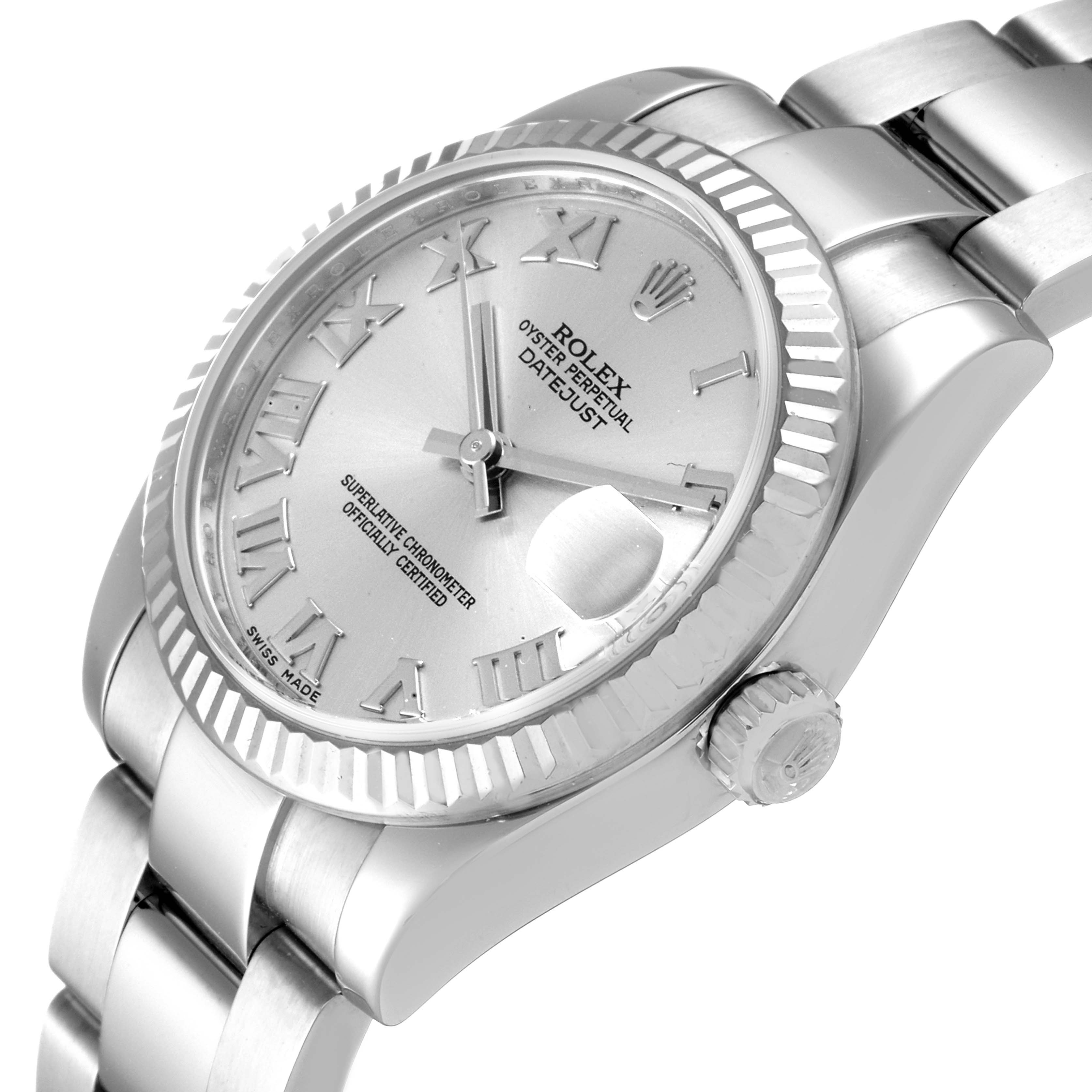 This image shows a close-up angle of the Rolex Mid-Size 178274 Women
s Stainless Steel Silver Dial 178274 Women
s Stainless Steel Silver Dial Datejust, highlighting the dial, bezel, crown, and part of the bracelet.