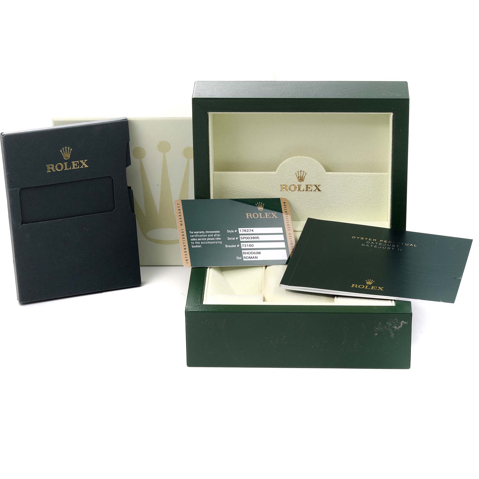This image shows the case, warranty card, and manuals for a Mid-Size Rolex watch from multiple angles.