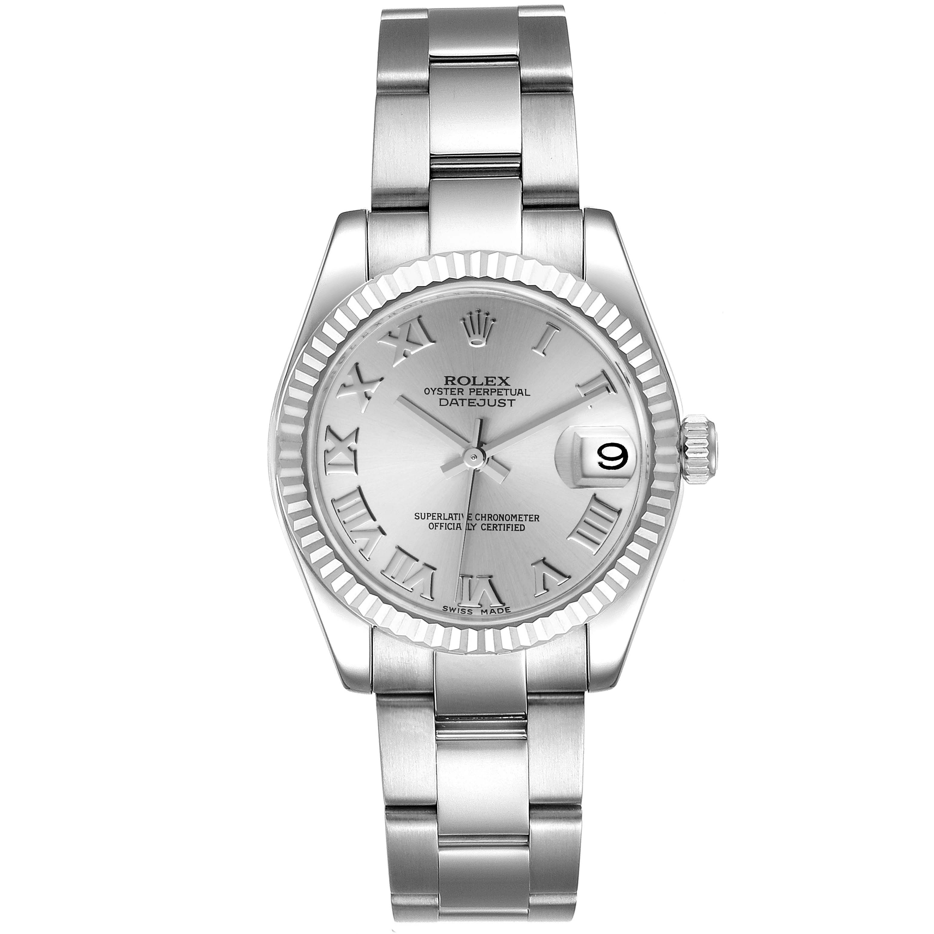 The Rolex Mid-Size 178274 Women
s Stainless Steel Silver Dial 178274 Women
s Stainless Steel Silver Dial watch is shown from the front, featuring its face, bezel, and full bracelet.