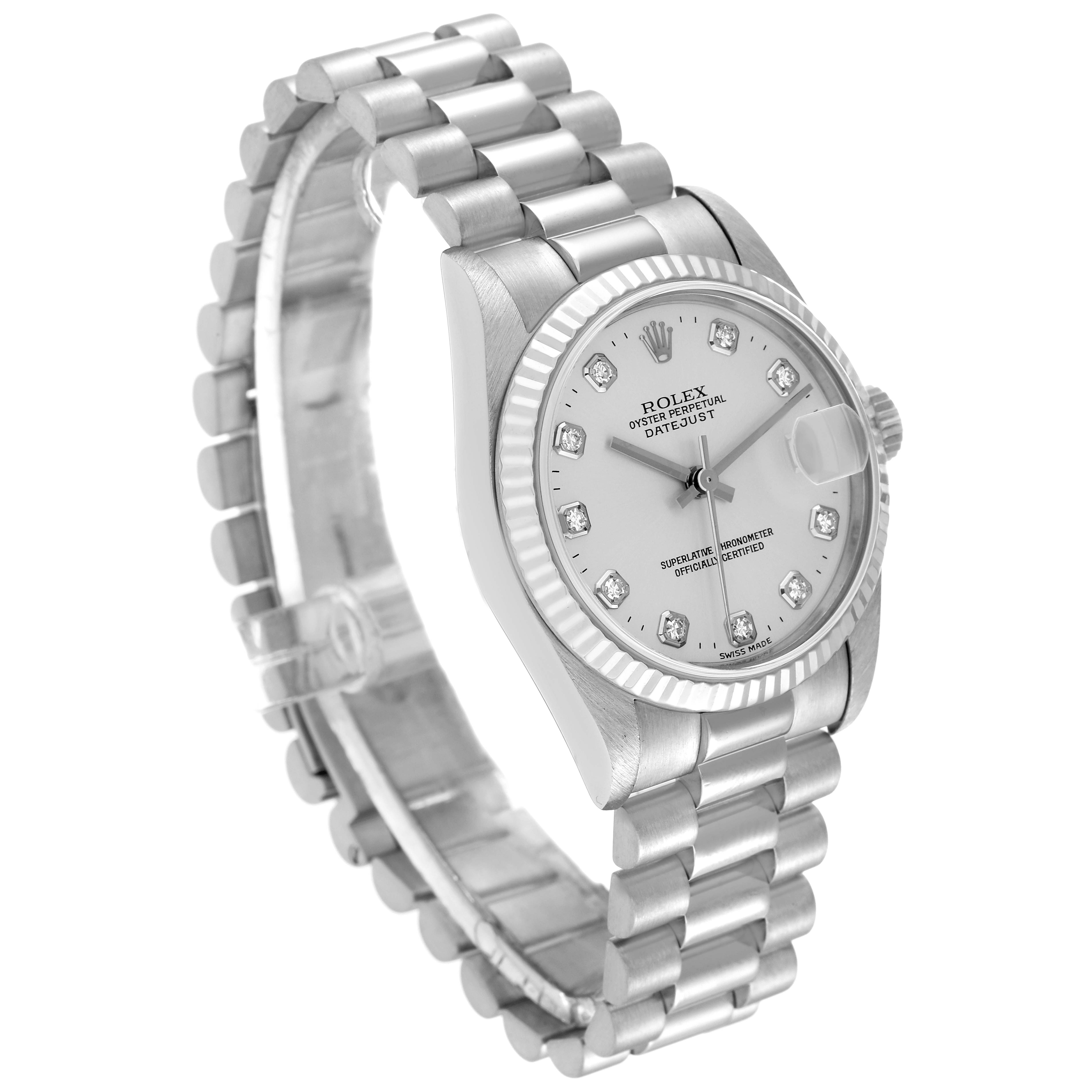The image shows a Rolex President 78279 Women's White Gold Silver Dial 78279 Women's White Gold Silver Dial model watch at an angle highlighting its dial, bezel, and bracelet.