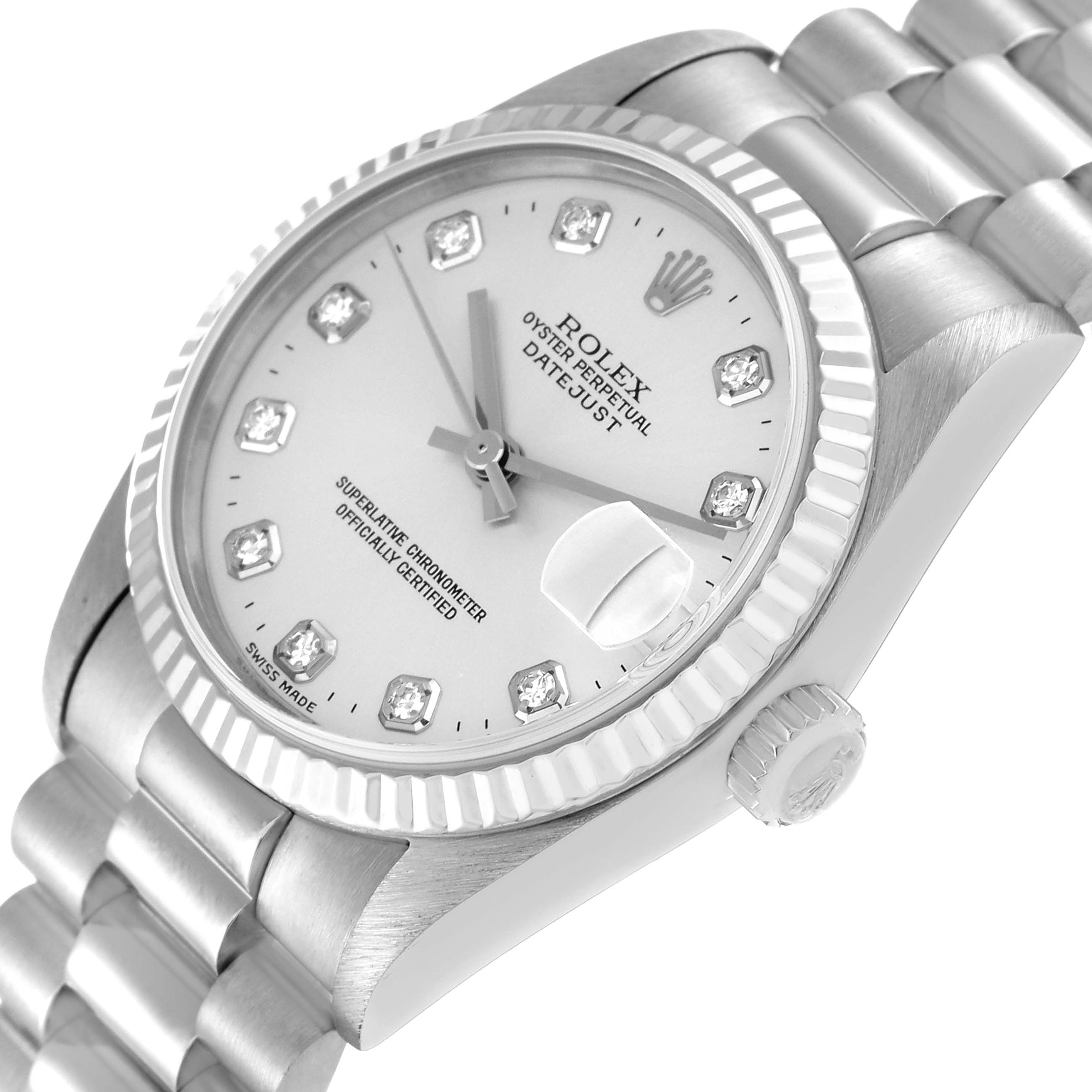 The image shows a close-up angled view of the Rolex President 78279 Women's White Gold Silver Dial 78279 Women's White Gold Silver Dial Datejust watch, featuring the dial, crown, and part of the band.