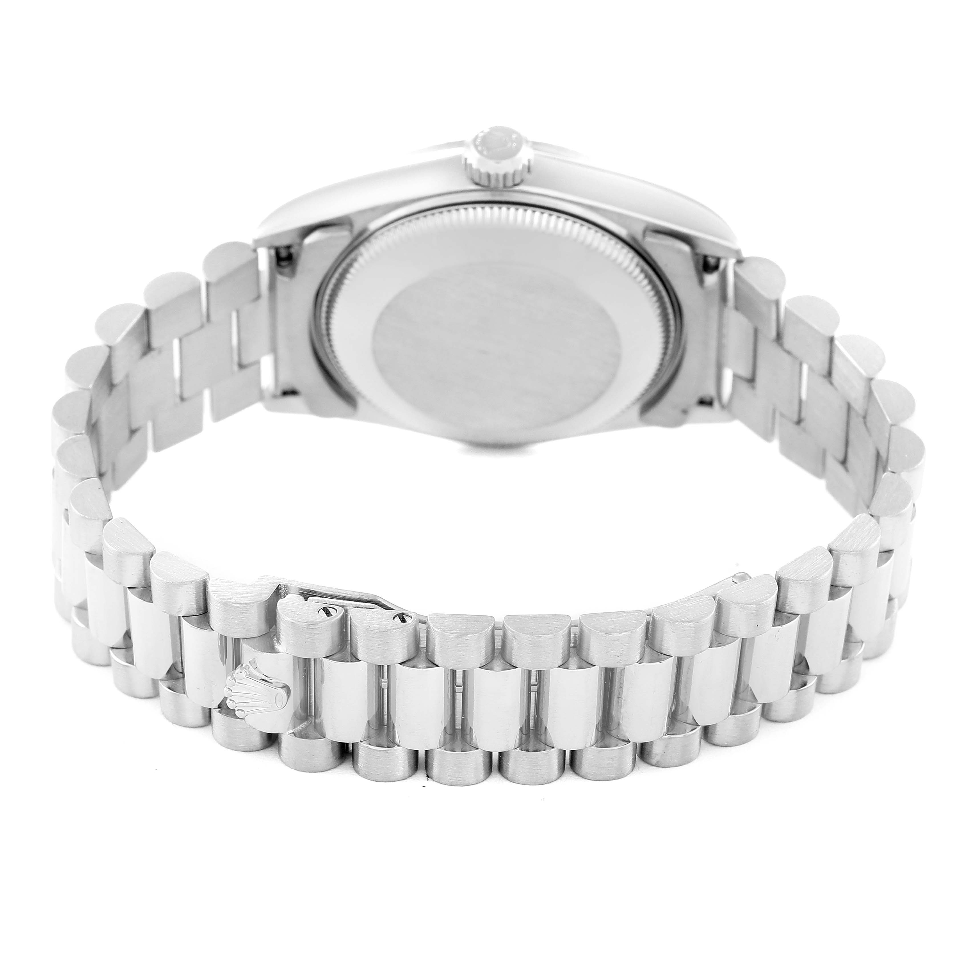 The image shows the backside and clasp of a Rolex President 78279 Women's White Gold Silver Dial 78279 Women's White Gold Silver Dial model watch, highlighting the bracelet and case back.