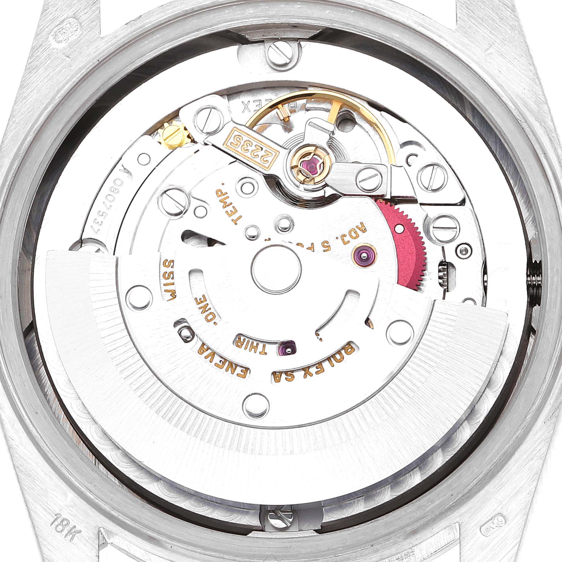 The image shows the inner mechanism (movement) of a Rolex President 78279 Women's White Gold Silver Dial 78279 Women's White Gold Silver Dial model watch from a top-down angle.