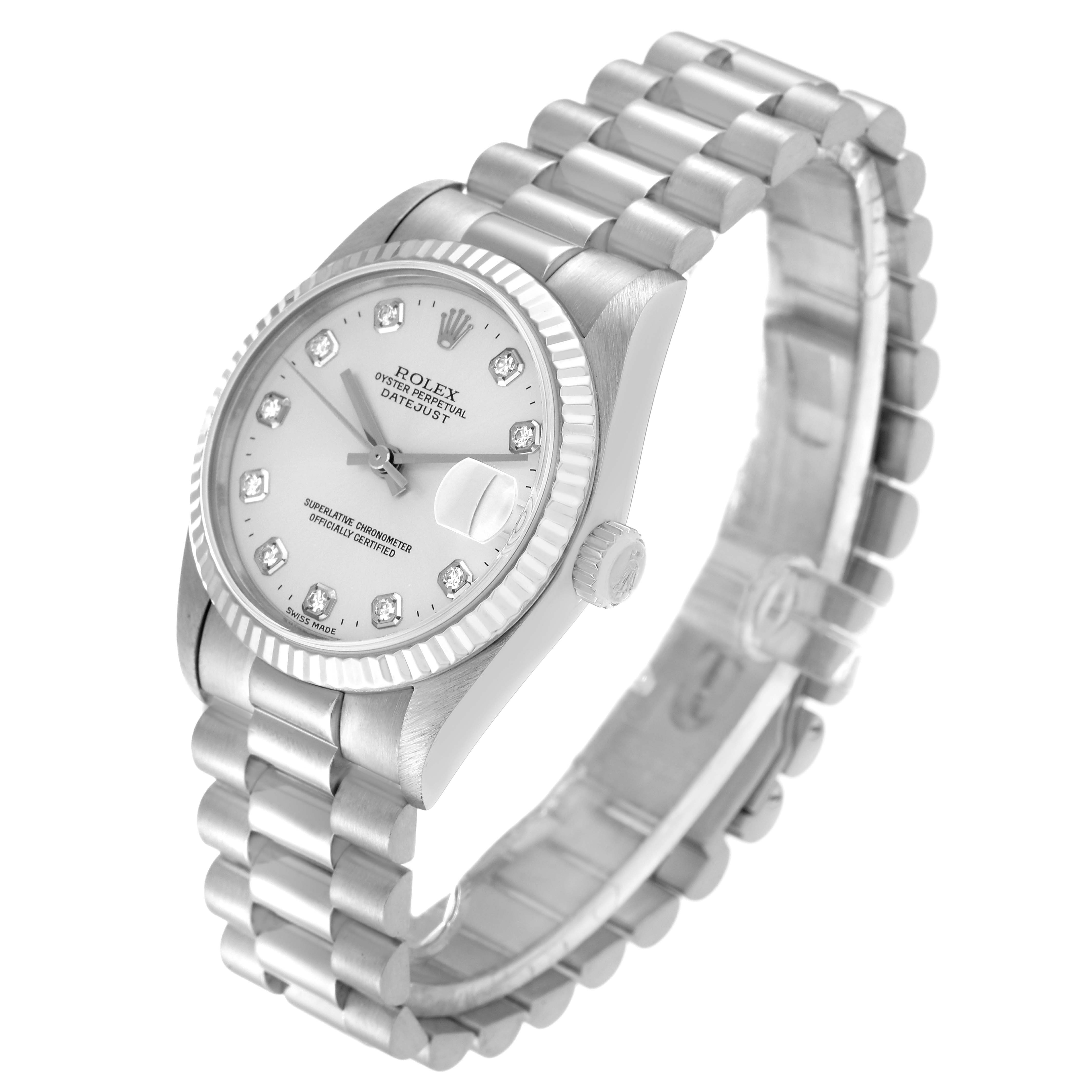 The image shows a Rolex President 78279 Women's White Gold Silver Dial 78279 Women's White Gold Silver Dial model watch with a silver dial and diamond hour markers, viewed at an angled side profile.
