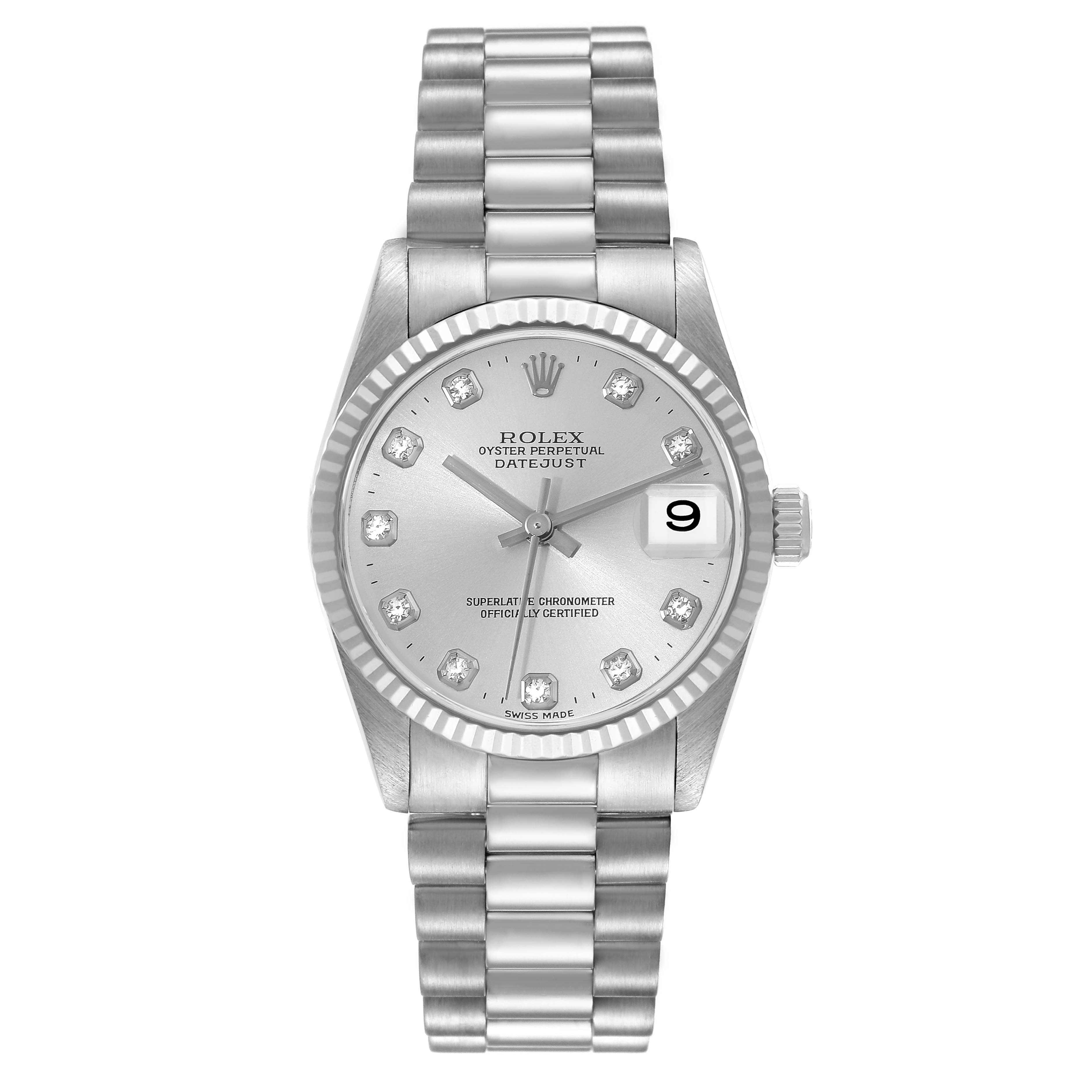The Rolex President 78279 Women's White Gold Silver Dial 78279 Women's White Gold Silver Dial model watch is shown from a top-down angle, highlighting its bracelet, dial, and date window.