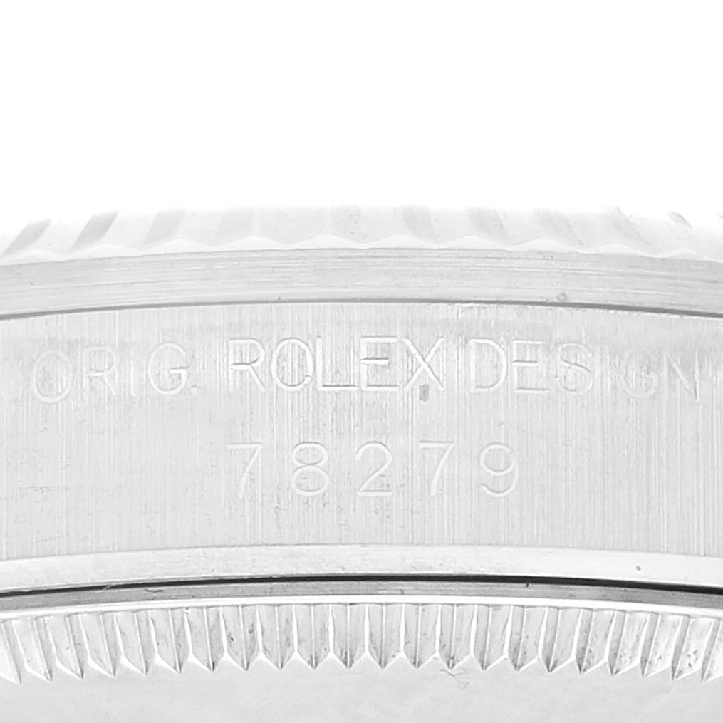 The image shows a close-up of the side of a Rolex President 78279 Women's White Gold Silver Dial 78279 Women's White Gold Silver Dial model watch, highlighting the engraved model number 78279.
