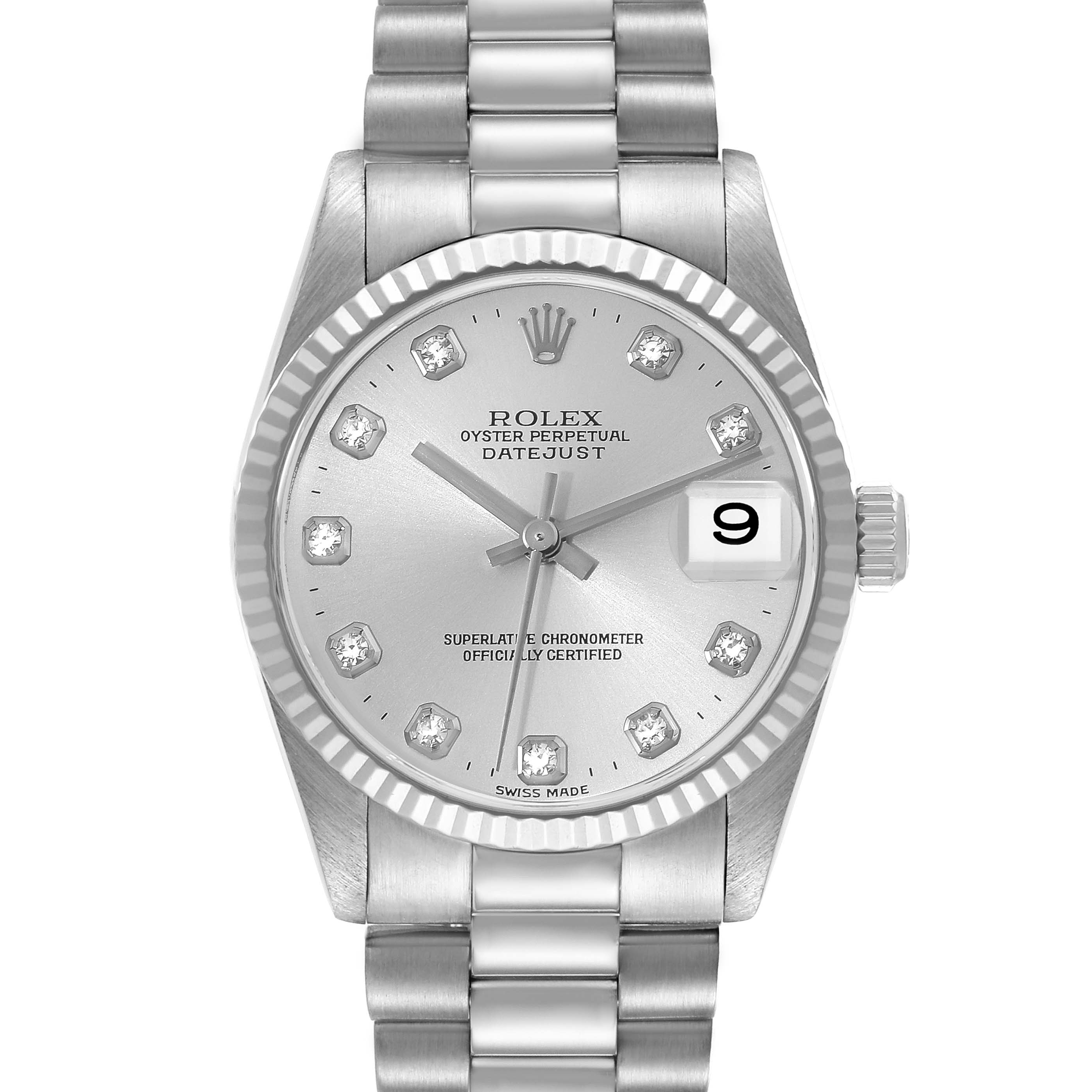 The image shows a front view of a Rolex President 78279 Women's White Gold Silver Dial 78279 Women's White Gold Silver Dial Oyster Perpetual Datejust watch, highlighting the dial, bezel, and bracelet.