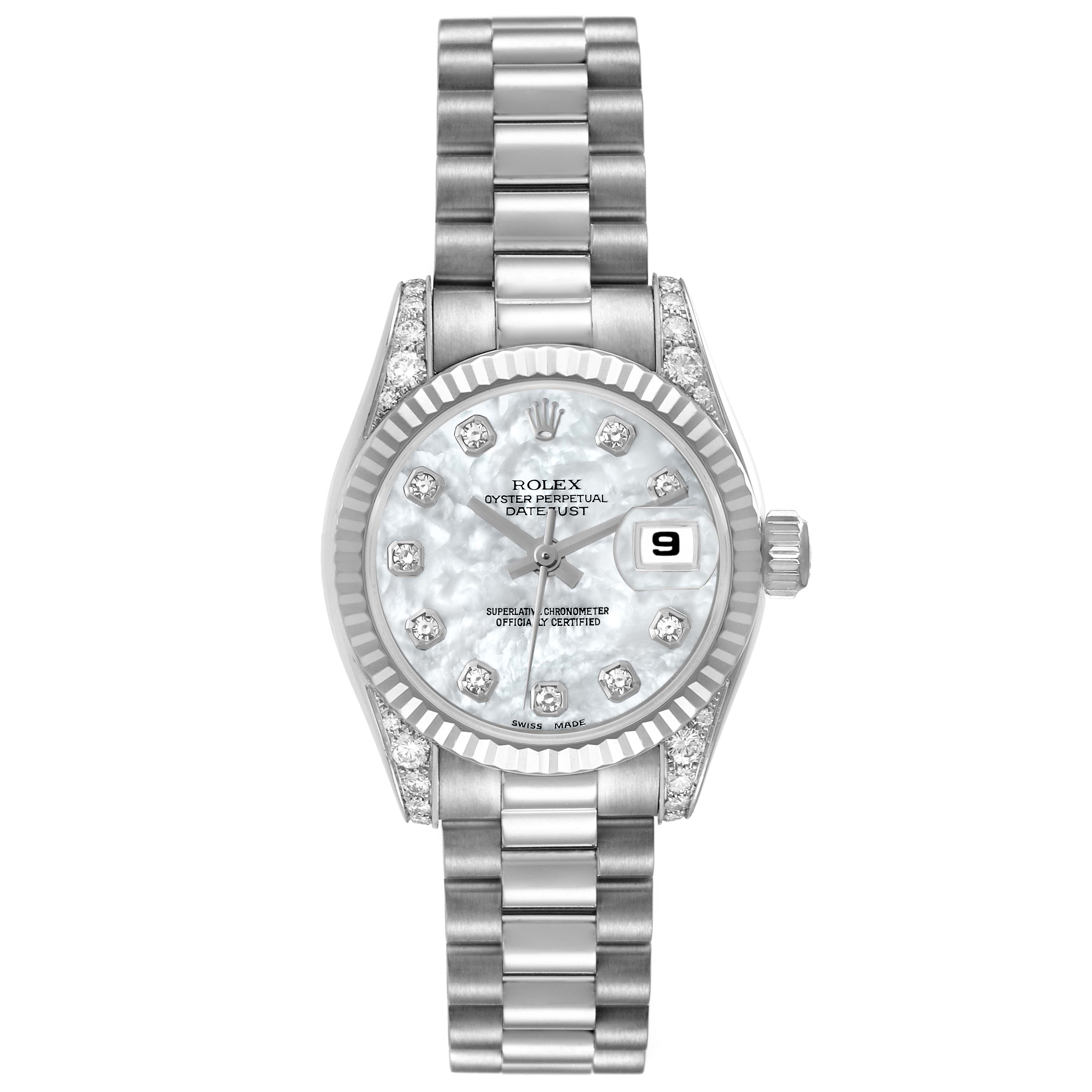 The image shows the front view of a Rolex President 179239 Women's White Gold Mother of Pearl Dial 179239 Women's White Gold Mother of Pearl Dial model, highlighting its dial, bezel, bracelet, and date function.