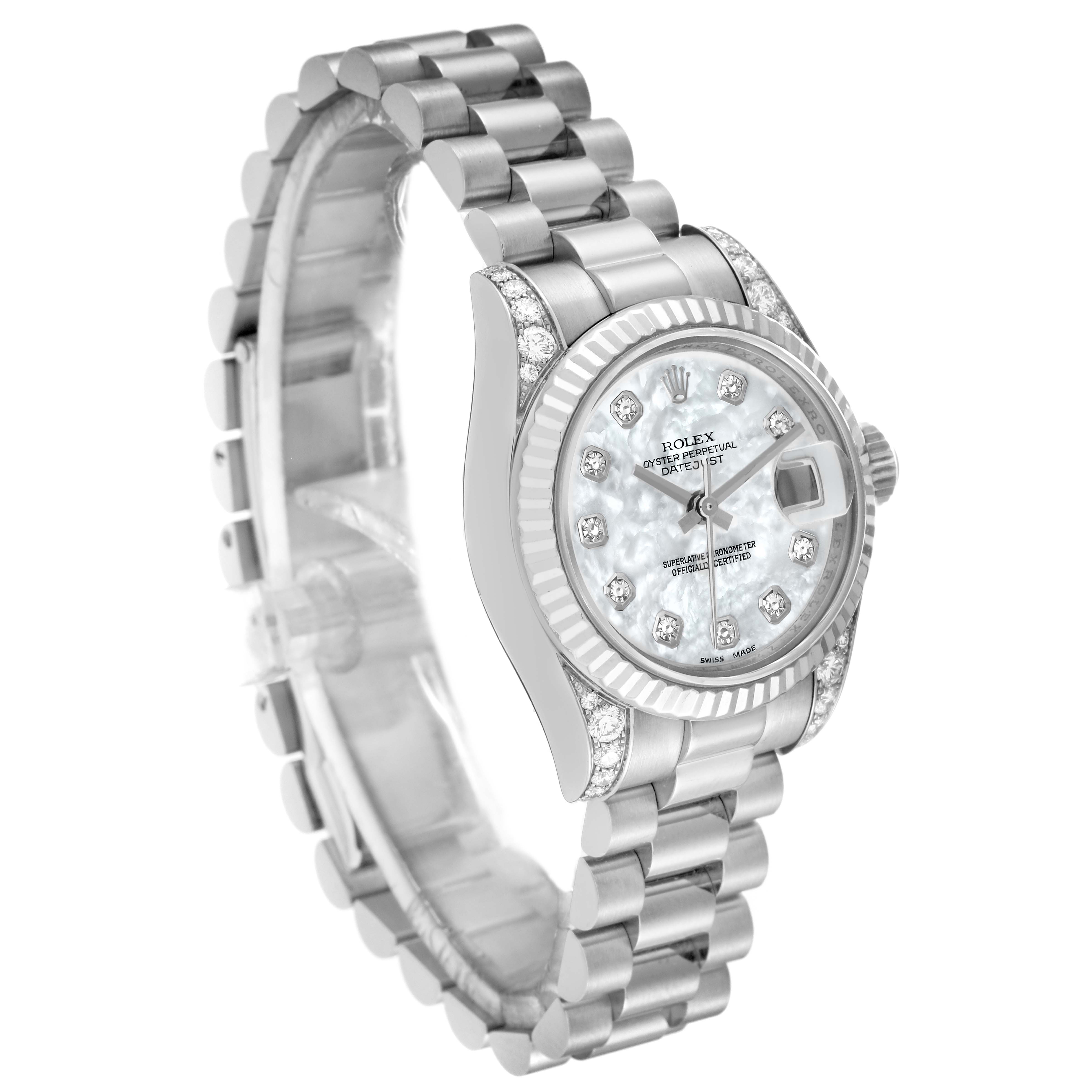 This image shows a Rolex President 179239 Women's White Gold Mother of Pearl Dial 179239 Women's White Gold Mother of Pearl Dial model watch from an angled view, highlighting its bracelet, bezel, and face with diamond markers.