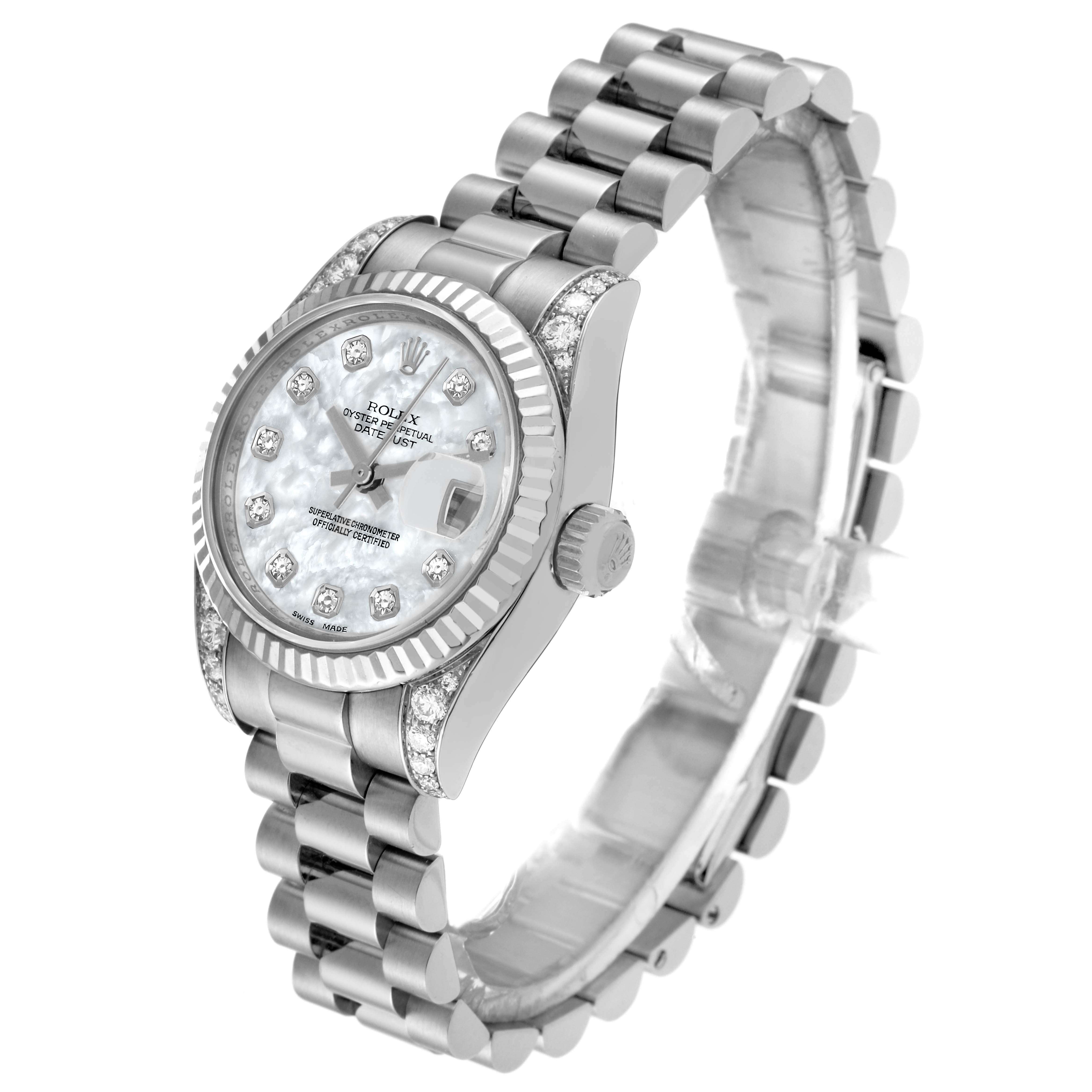 This image shows a Rolex President 179239 Women's White Gold Mother of Pearl Dial 179239 Women's White Gold Mother of Pearl Dial model watch viewed from an angled perspective, highlighting the bracelet, case, and dial.