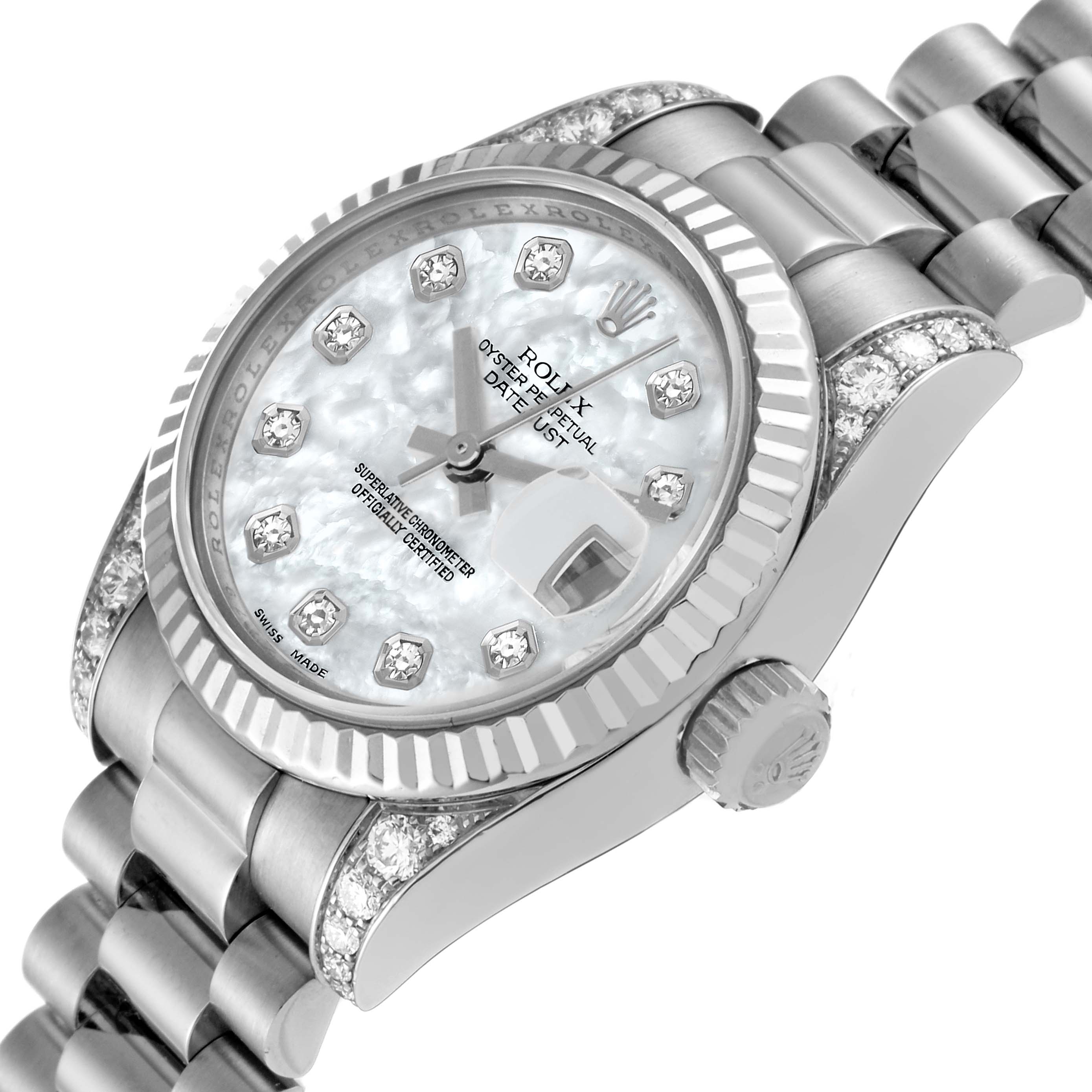The image shows a close-up angle of the Rolex President 179239 Women's White Gold Mother of Pearl Dial 179239 Women's White Gold Mother of Pearl Dial model watch, highlighting its dial, bezel, bracelet, and crown.