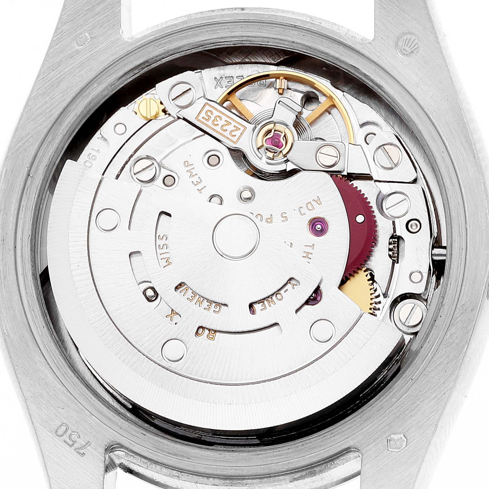 The image shows a close-up view of the movement and internal mechanisms of a Rolex President 179239 Women's White Gold Mother of Pearl Dial 179239 Women's White Gold Mother of Pearl Dial model watch.