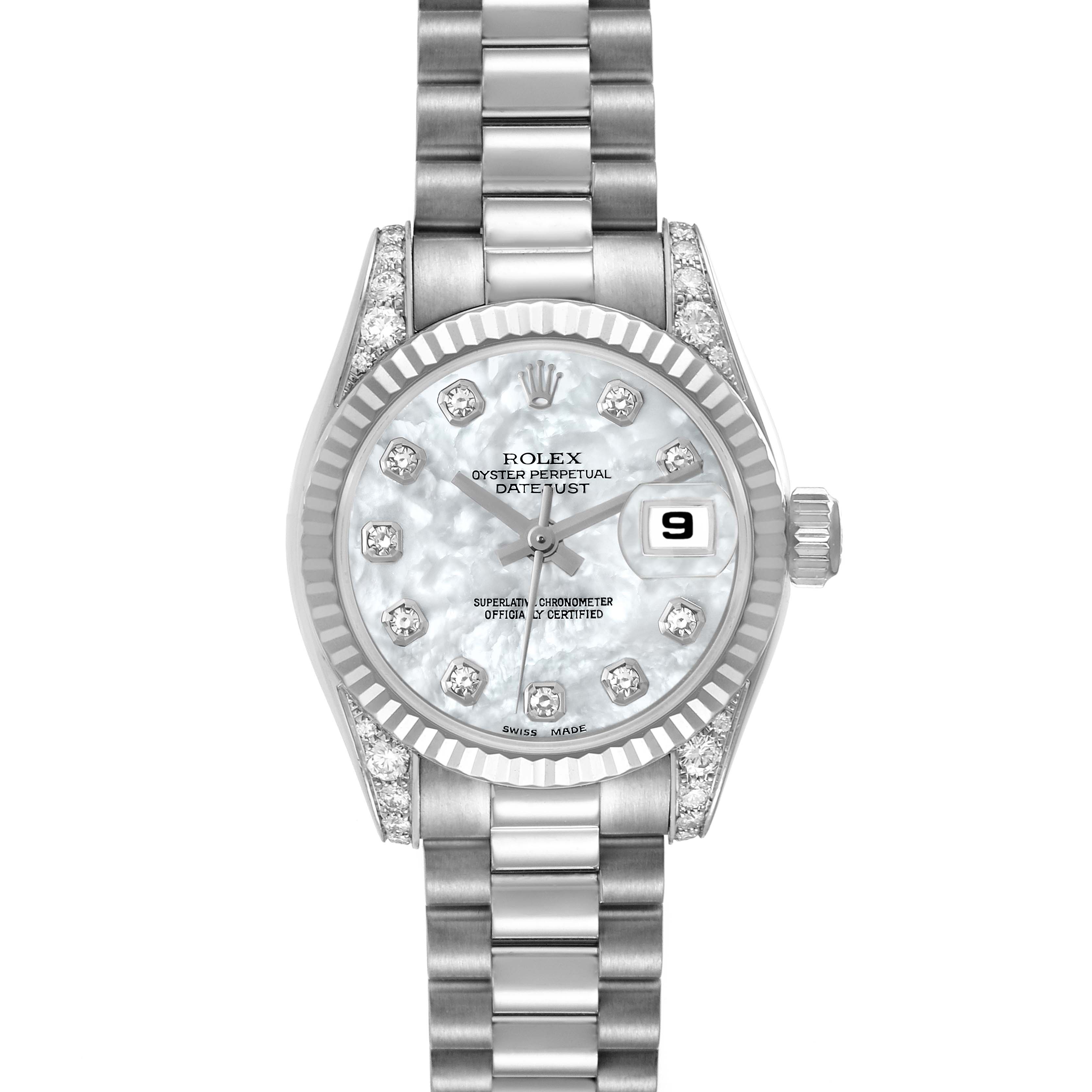 The image shows a front view of a Rolex President 179239 Women's White Gold Mother of Pearl Dial 179239 Women's White Gold Mother of Pearl Dial model watch, displaying the face, bezel, crown, and bracelet.
