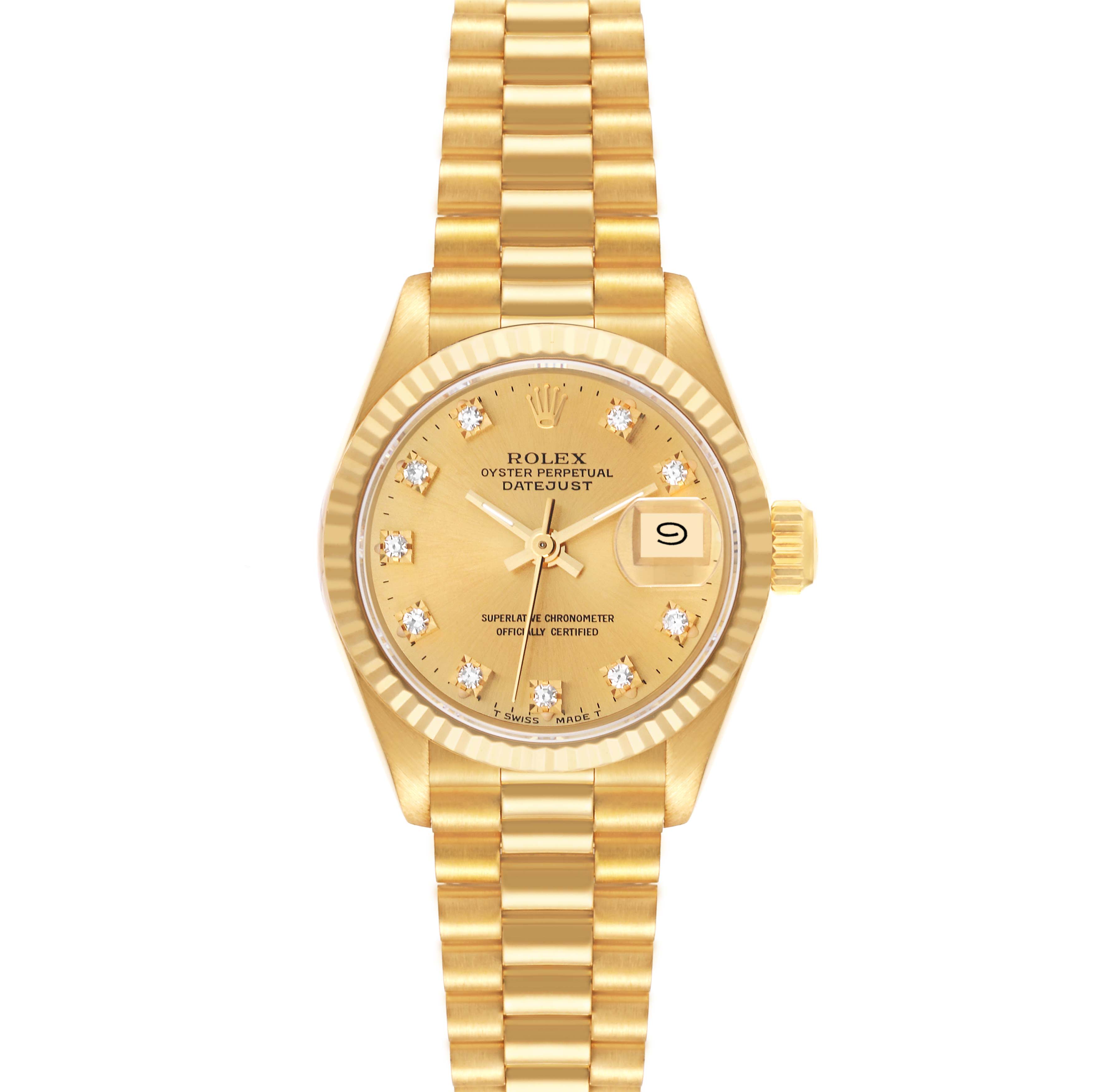 The image shows a front view of the Rolex President 69178 Women's Yellow Gold Champagne Dial 69178 Women's Yellow Gold Champagne Dial model watch, highlighting its gold dial, diamond hour markers, and date window.