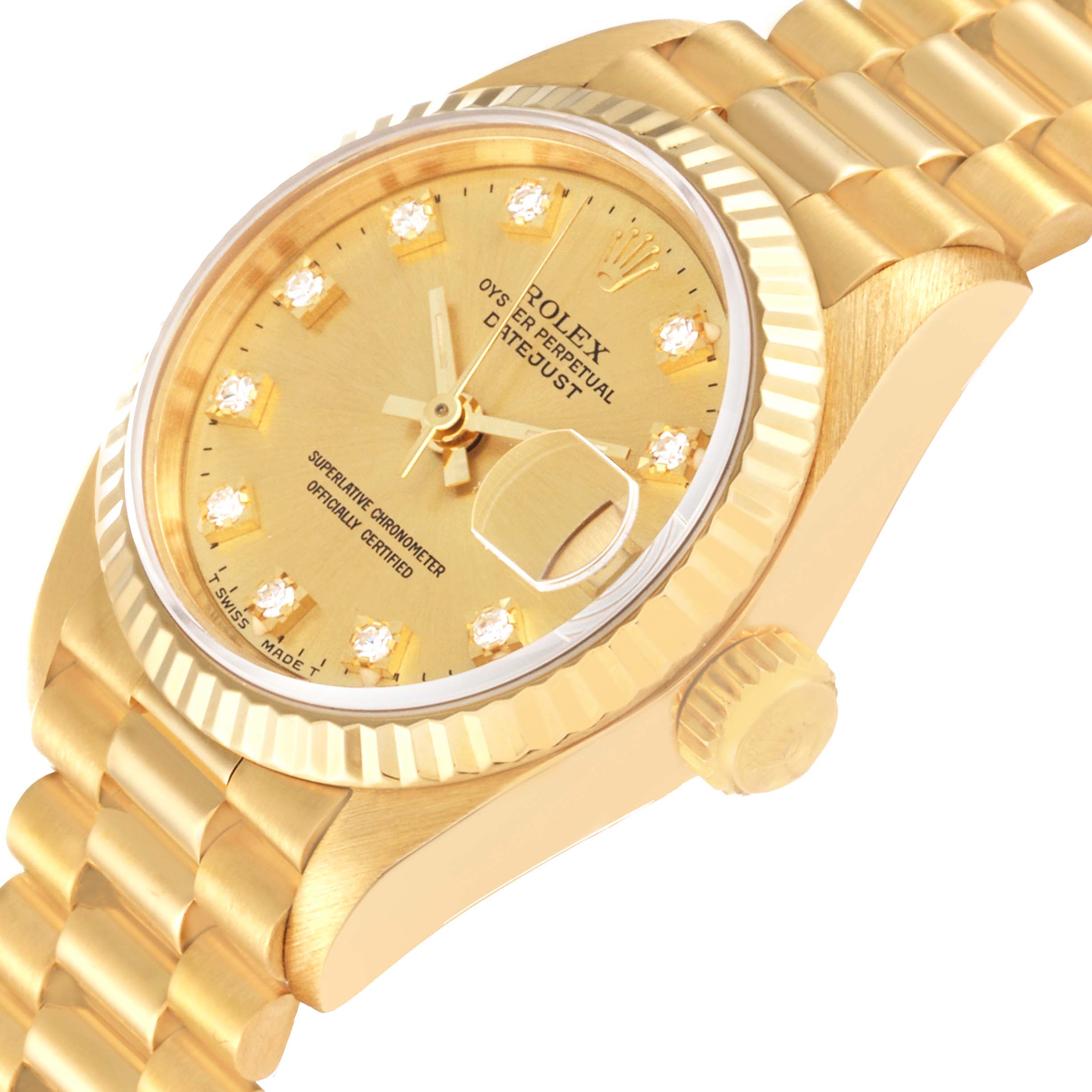 The image shows a Rolex President 69178 Women's Yellow Gold Champagne Dial 69178 Women's Yellow Gold Champagne Dial model watch from a side angle, highlighting its band, crown, and the diamond-studded dial with a date window.