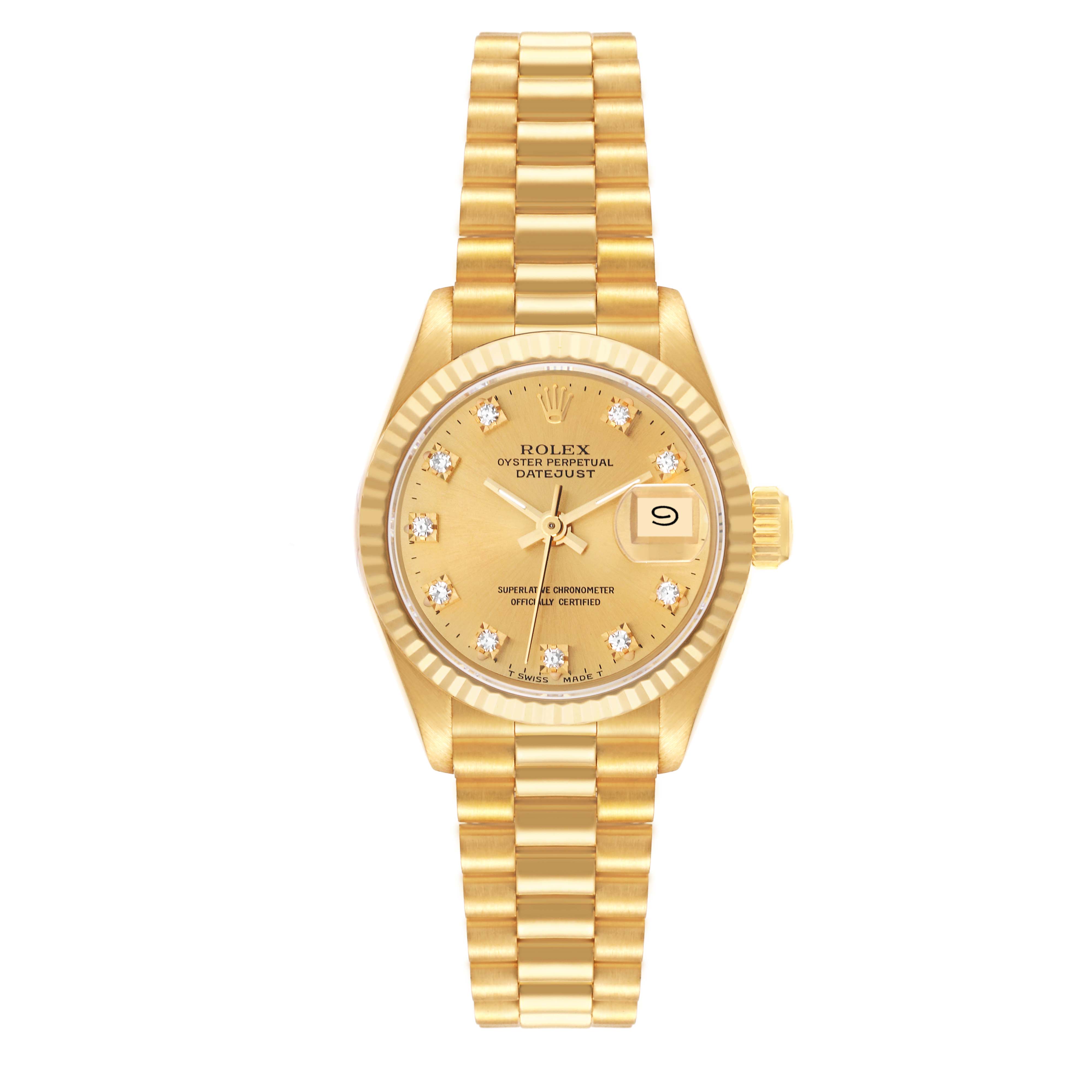 This image shows a frontal view of a Rolex President 69178 Women's Yellow Gold Champagne Dial 69178 Women's Yellow Gold Champagne Dial model watch, including the dial, bezel, case, crown, and bracelet.