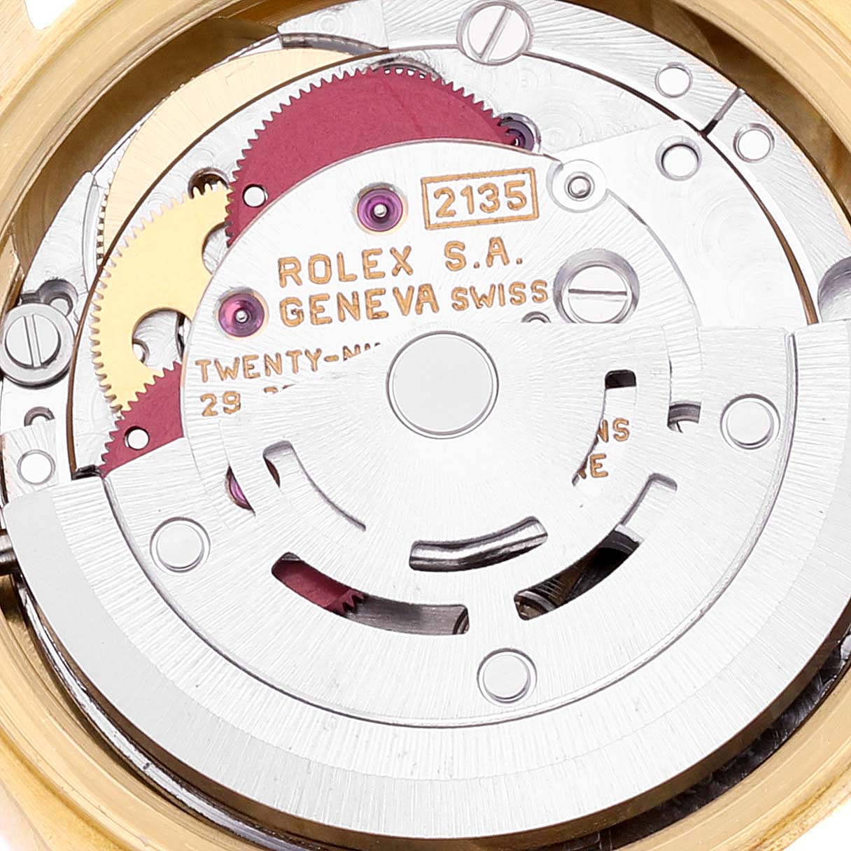 This close-up image shows the intricate inner movement mechanism of the Rolex President 69178 Women's Yellow Gold Champagne Dial 69178 Women's Yellow Gold Champagne Dial model watch.