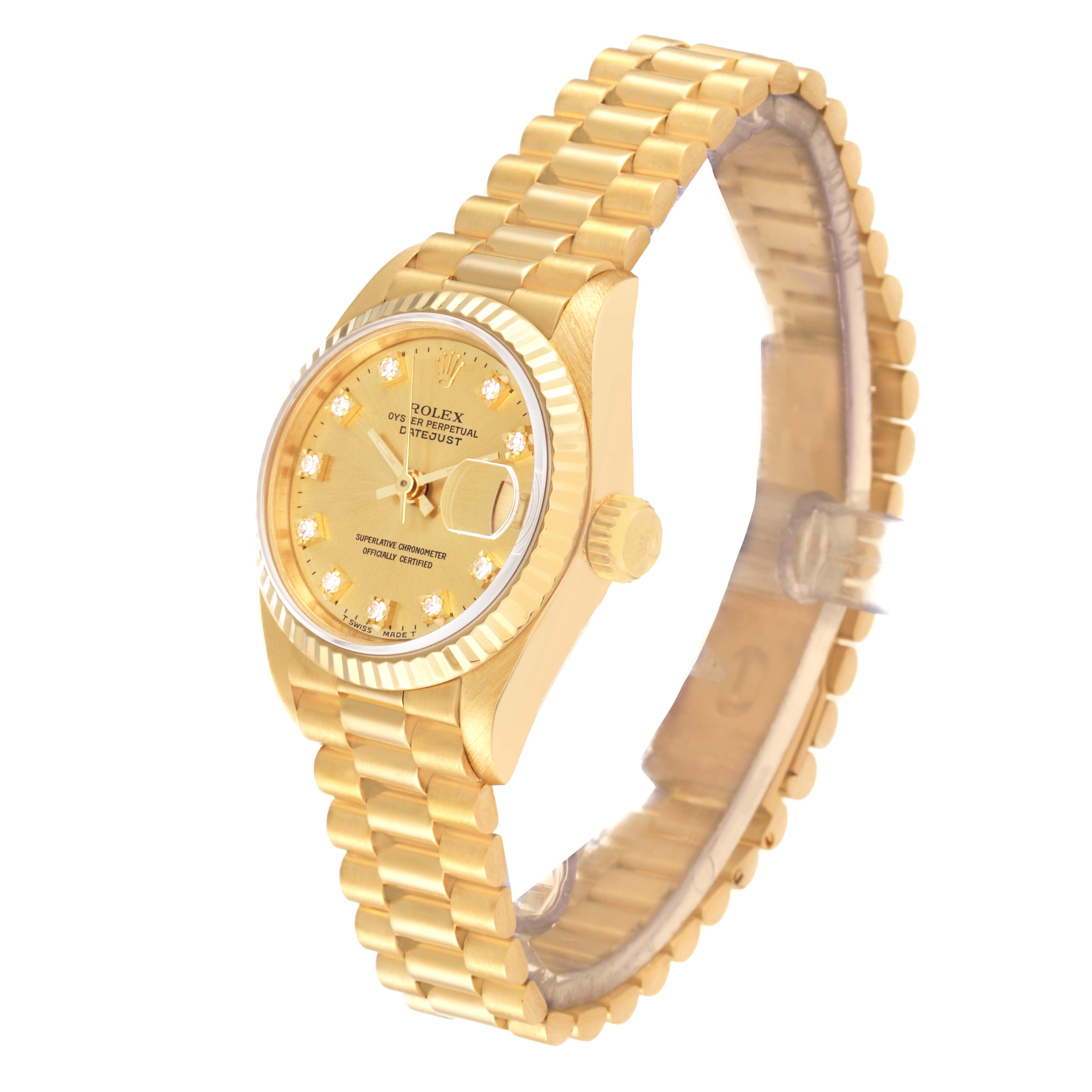 The Rolex President 69178 Women's Yellow Gold Champagne Dial 69178 Women's Yellow Gold Champagne Dial model watch is shown at a slight angle highlighting its gold case, fluted bezel, bracelet, and diamond markers.