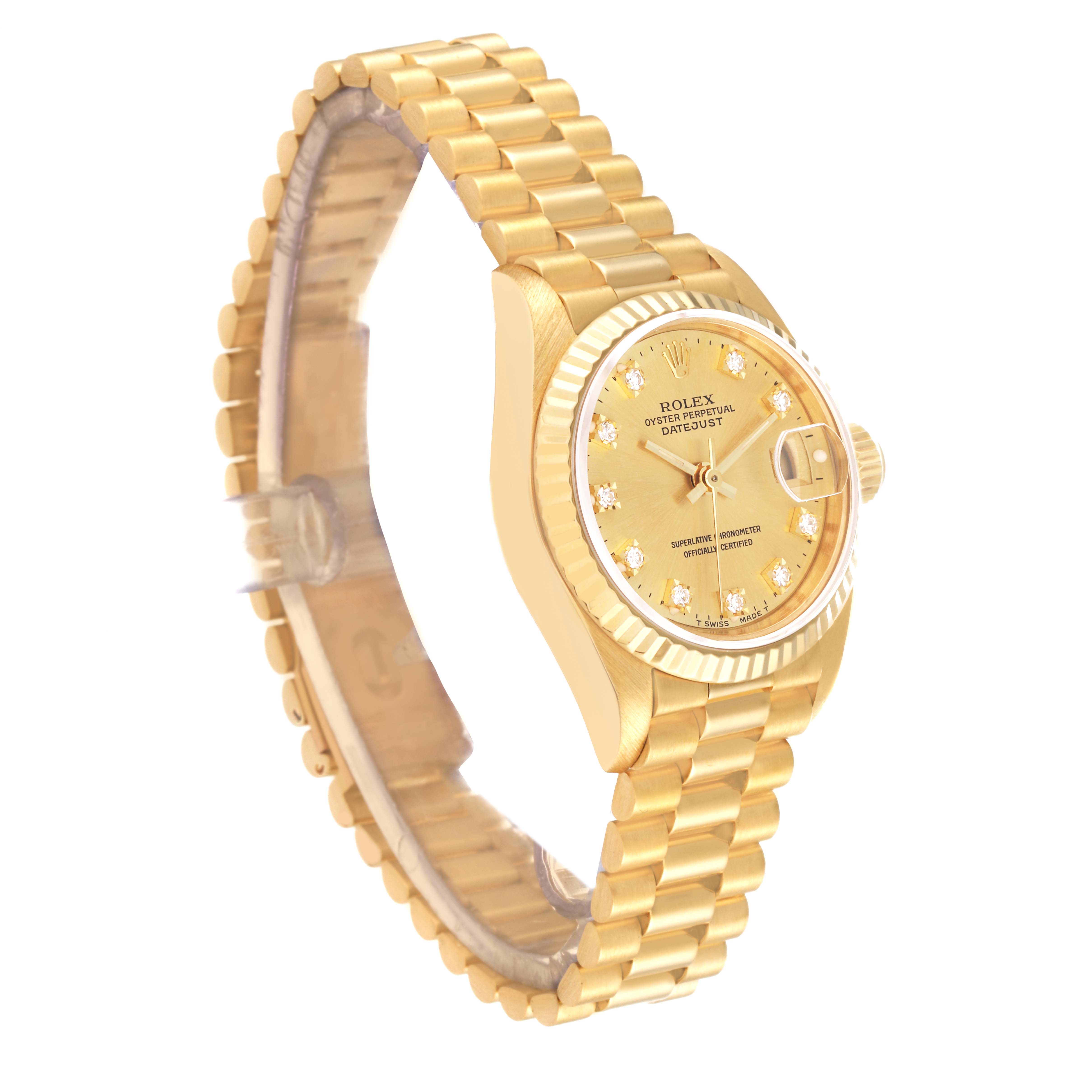 The image shows a side angle of a gold Rolex President 69178 Women's Yellow Gold Champagne Dial 69178 Women's Yellow Gold Champagne Dial Model watch, highlighting its bracelet, case, dial, and crown.
