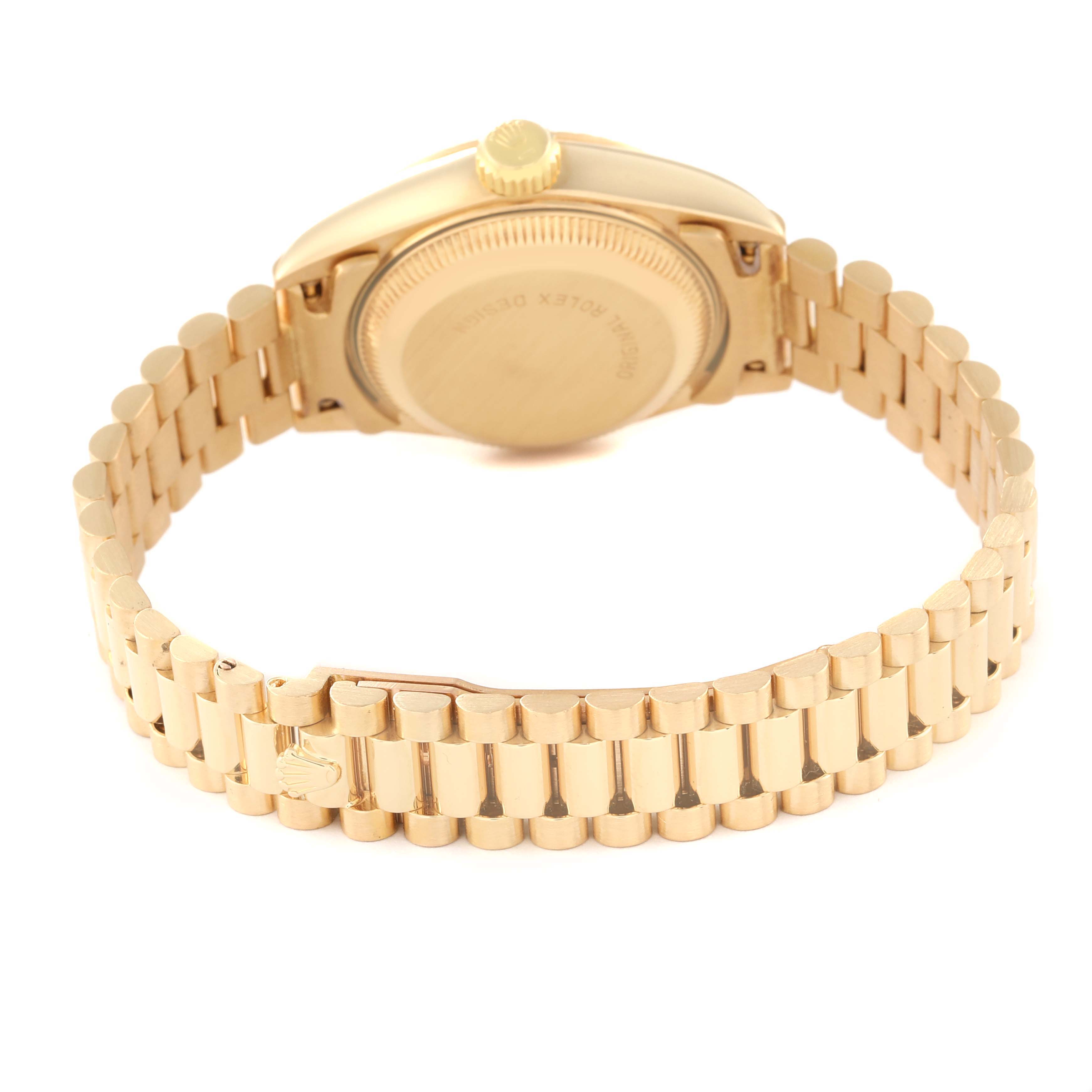 The image shows the back view of a Rolex President 69178 Women's Yellow Gold Champagne Dial 69178 Women's Yellow Gold Champagne Dial watch, focusing on the case back and gold bracelet.