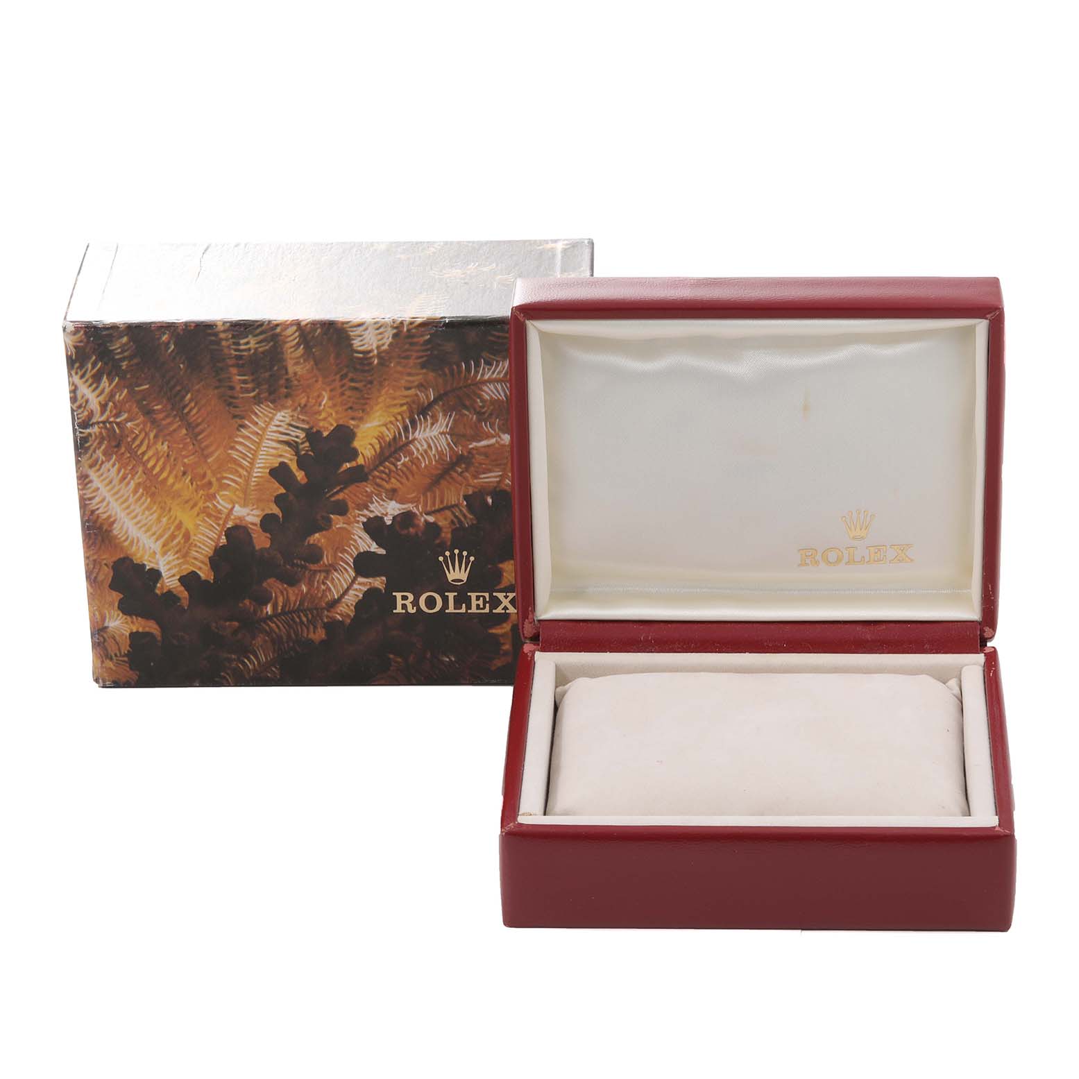 The image shows the open watch box and outer box for the Rolex President 69178 Women
s Yellow Gold Champagne Dial 69178 Women
s Yellow Gold Champagne Dial model, highlighting Rolex branding on the interior.