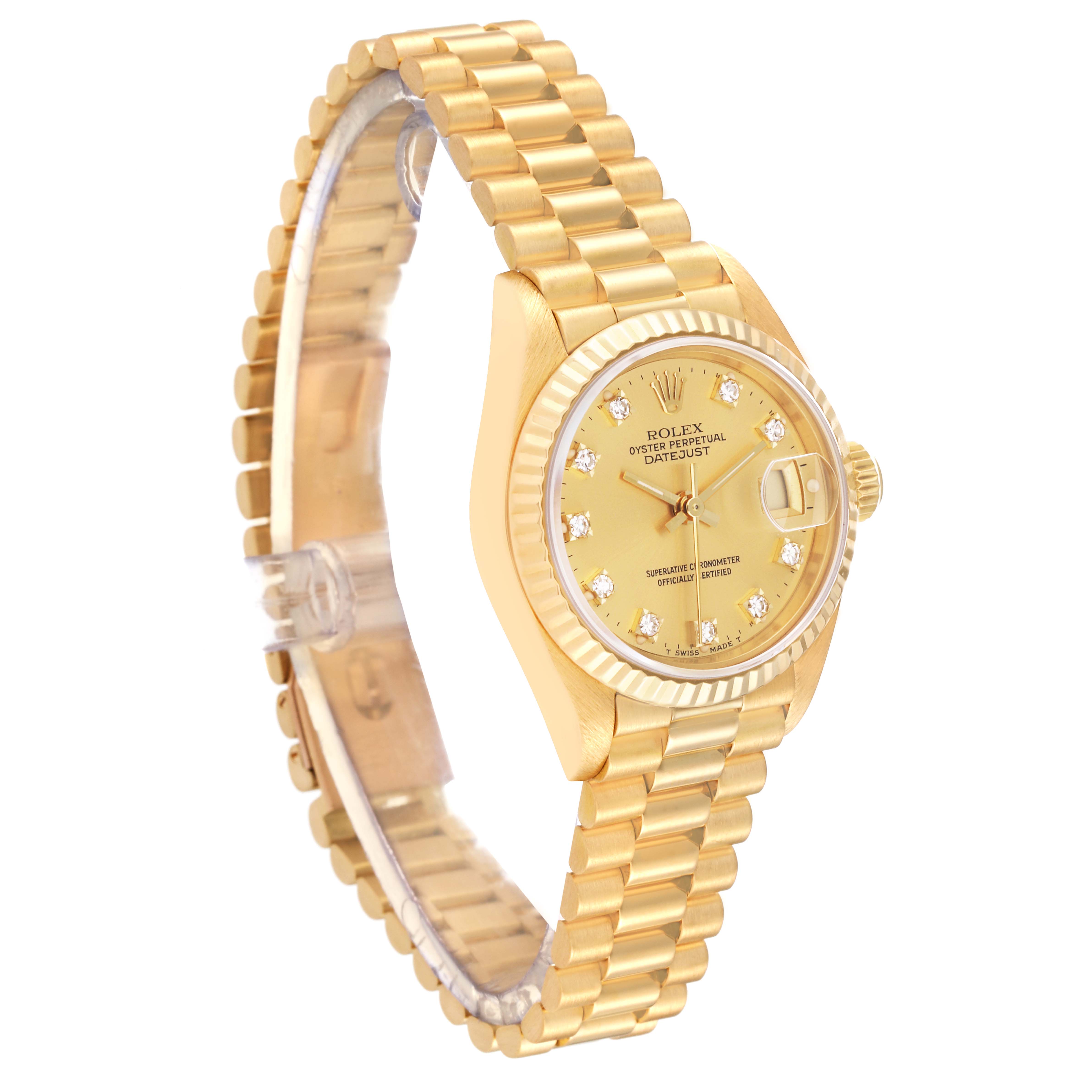 The Rolex President 69178 Women
s Yellow Gold Champagne Dial 69178 Women
s Yellow Gold Champagne Dial model watch is shown at an angle displaying the dial, fluted bezel, and the gold bracelet.