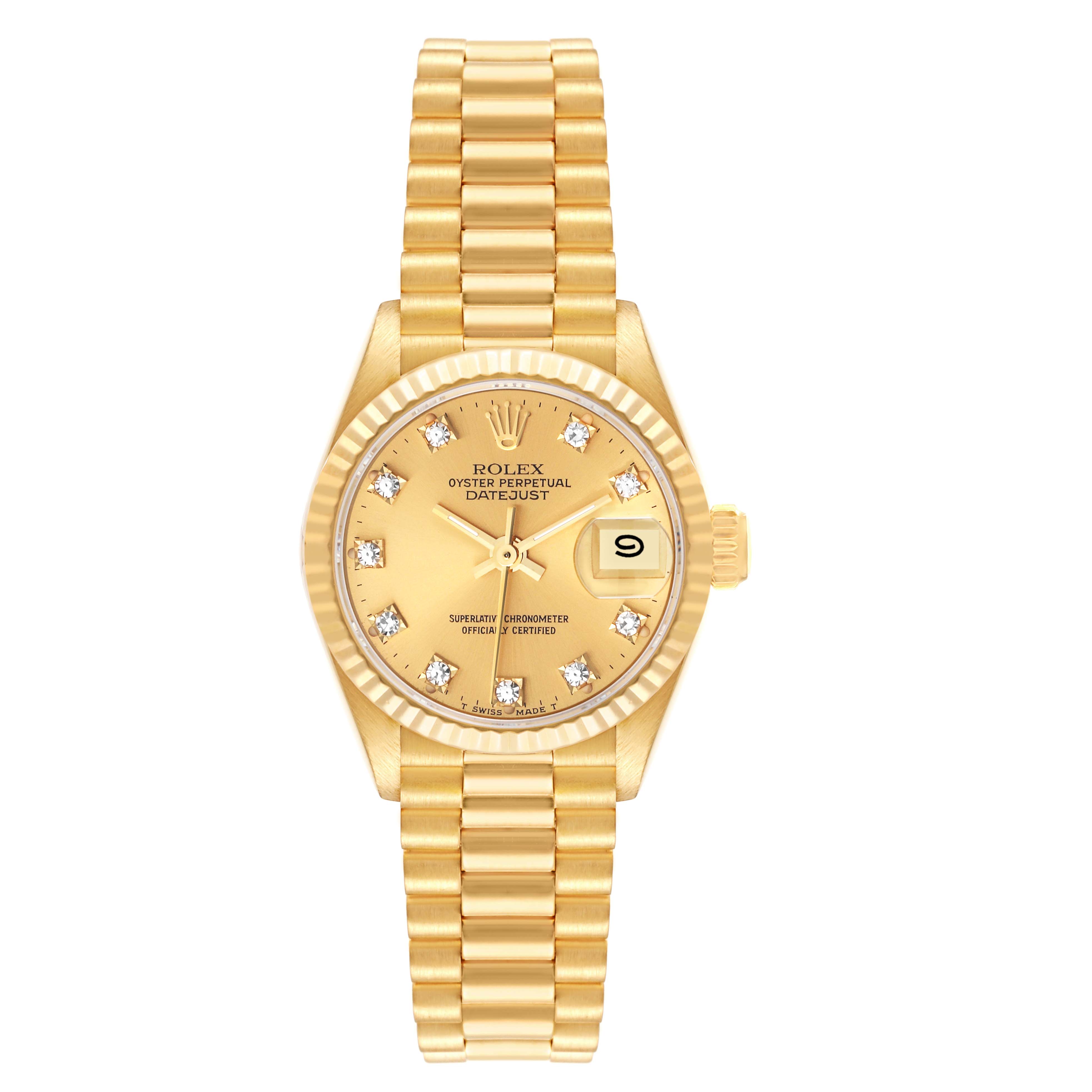 The image shows a front view of a gold Rolex President 69178 Women
s Yellow Gold Champagne Dial 69178 Women
s Yellow Gold Champagne Dial model watch, highlighting the dial, bezel, and bracelet.