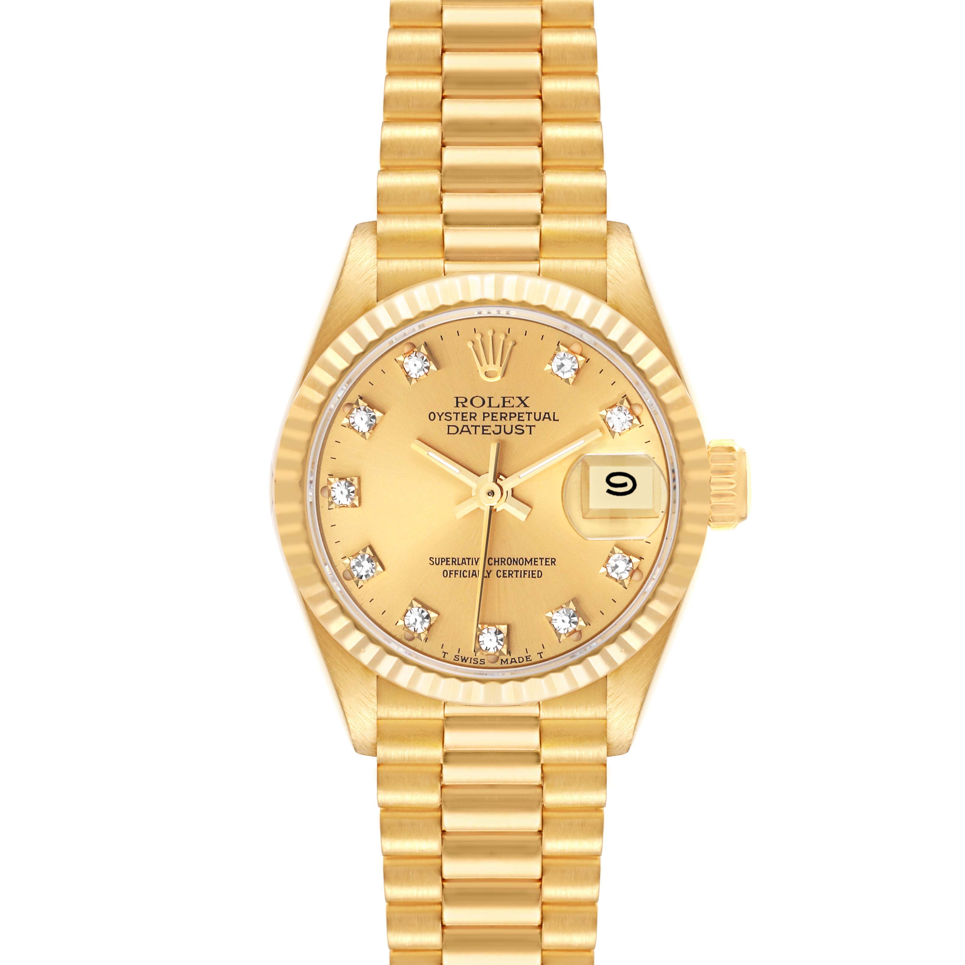 This image shows a frontal view of a Rolex President 69178 Women
s Yellow Gold Champagne Dial 69178 Women
s Yellow Gold Champagne Dial model watch, highlighting its gold bracelet, face, and date display.