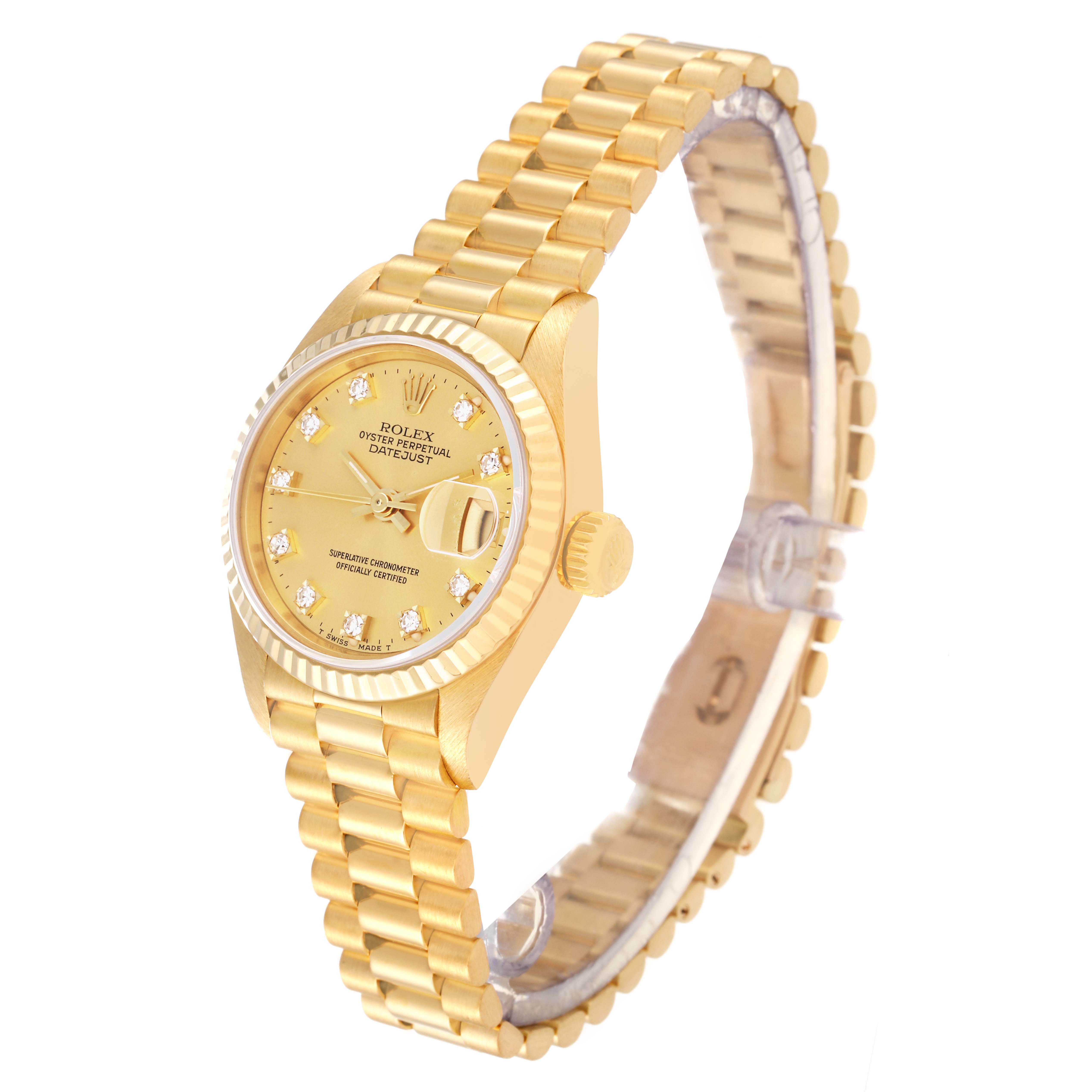 The image shows a Rolex President 69178 Women
s Yellow Gold Champagne Dial 69178 Women
s Yellow Gold Champagne Dial model watch at an oblique angle, displaying the watch face, crown, and gold bracelet.