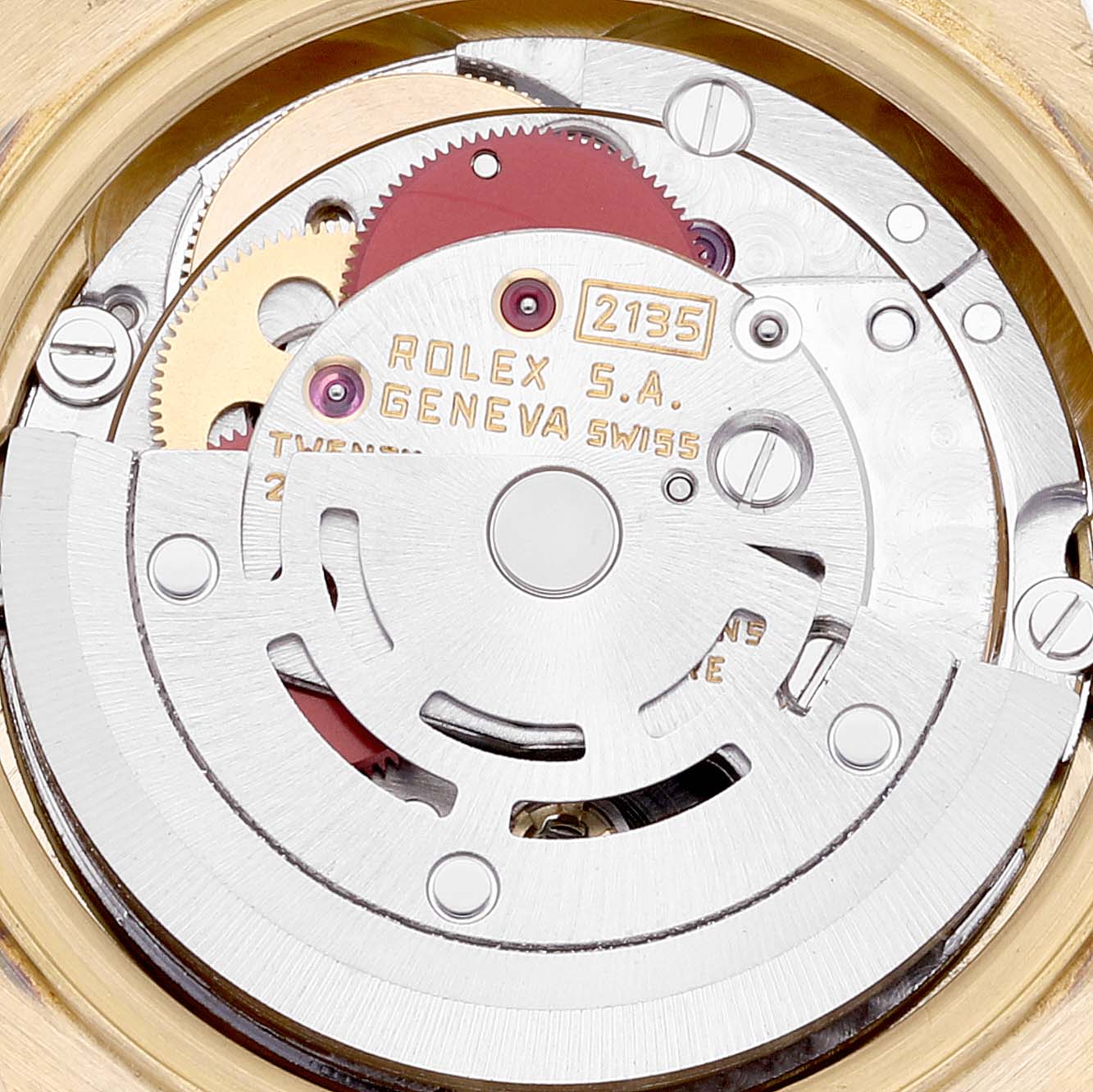 The image shows an up-close view of the movement mechanism inside a Rolex President 69178 Women
s Yellow Gold Champagne Dial 69178 Women
s Yellow Gold Champagne Dial model watch.