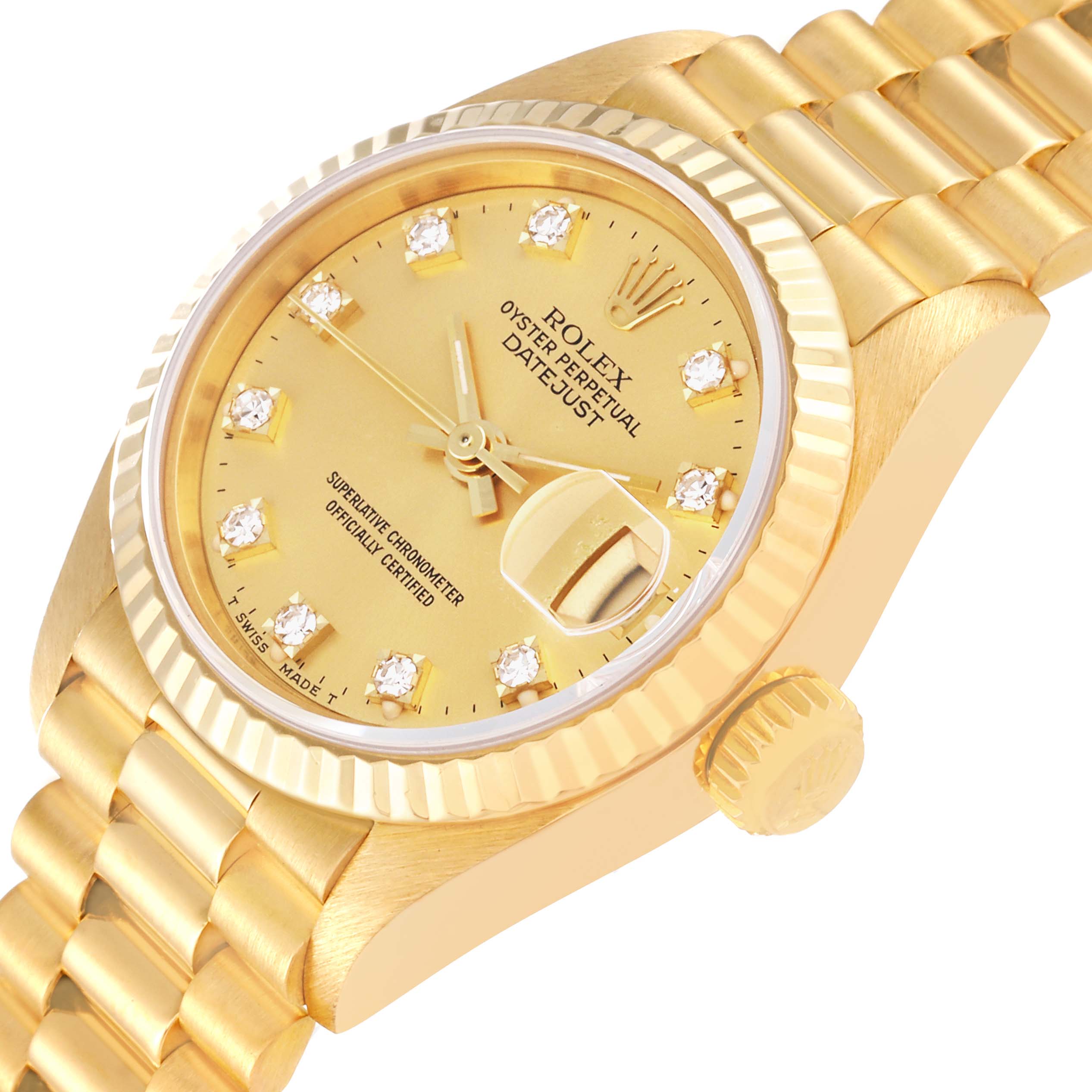 The image shows a Rolex President 69178 Women
s Yellow Gold Champagne Dial 69178 Women
s Yellow Gold Champagne Dial model watch at an angled close-up, highlighting its gold dial, crown, and bracelet.