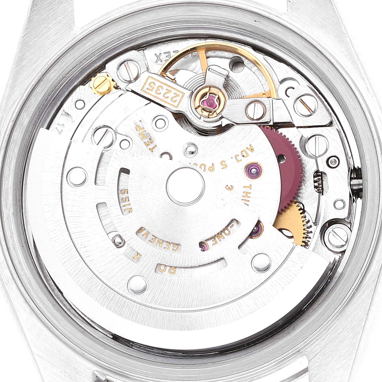 This image shows the inner mechanical movement of a Rolex Datejust 79174 Women's Stainless Steel Silver Dial 79174 Women's Stainless Steel Silver Dial watch from a top-down angle.