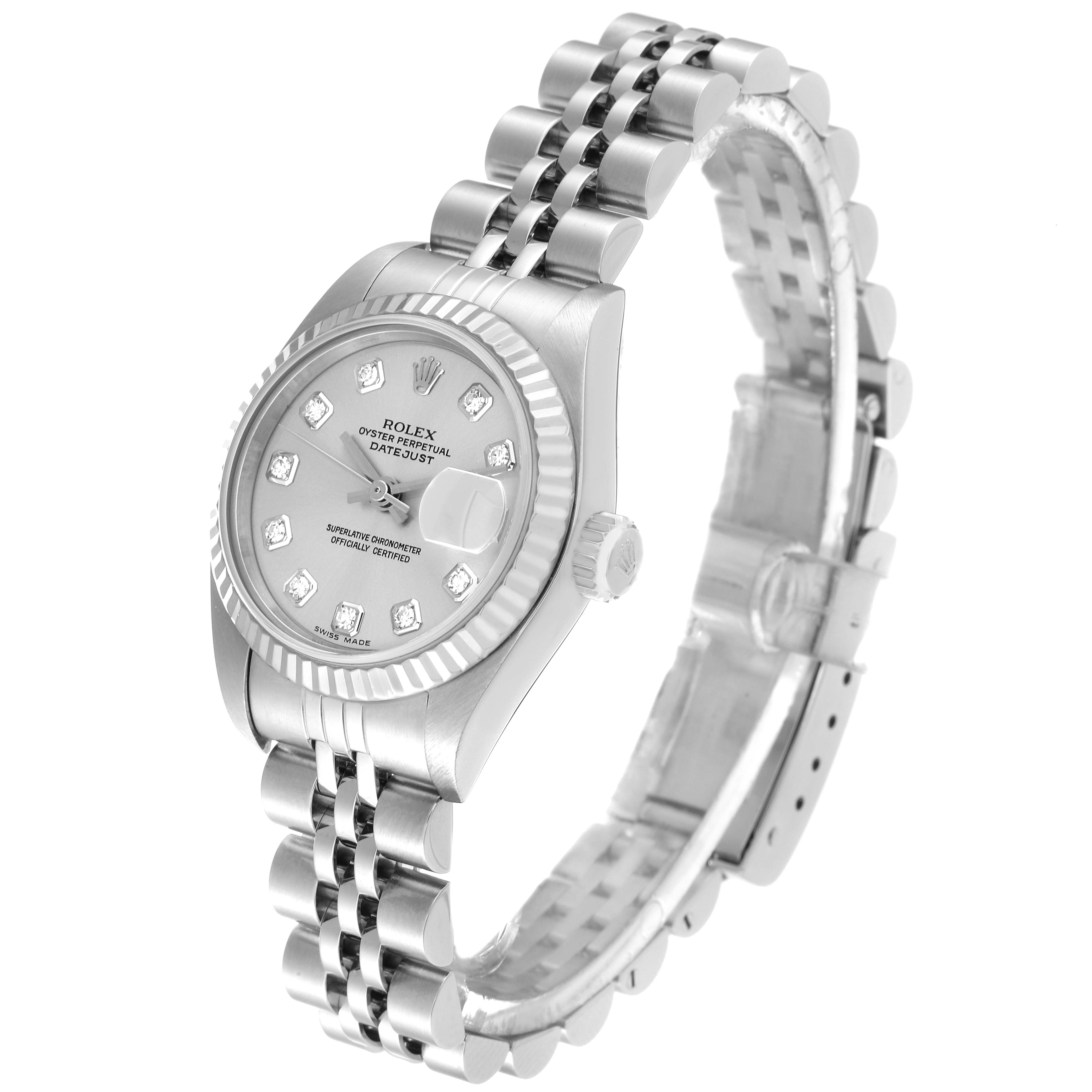 The image shows a Rolex Datejust 79174 Women's Stainless Steel Silver Dial 79174 Women's Stainless Steel Silver Dial watch at a slight angle, displaying the face, bezel, crown, and bracelet prominently.