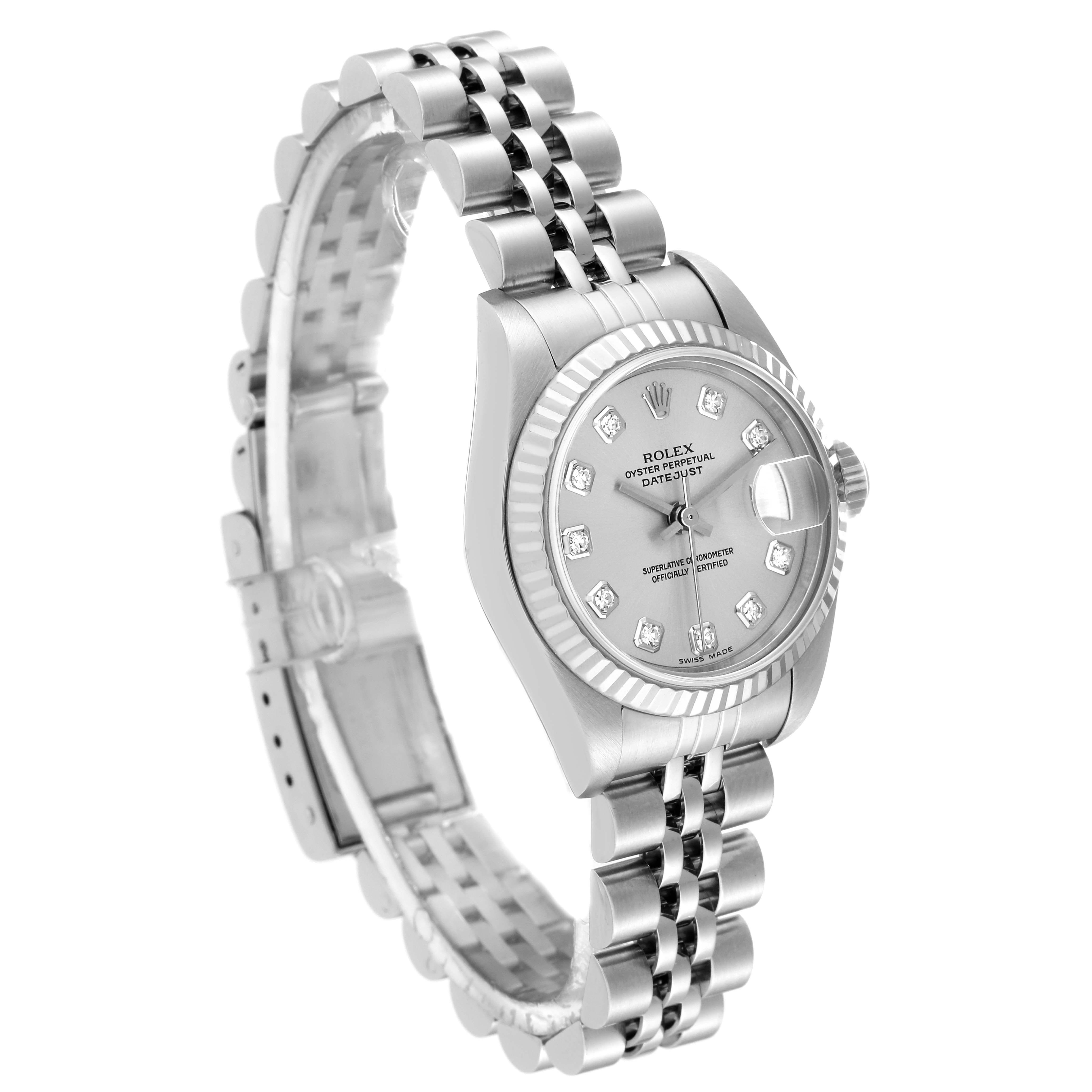 The image shows a Rolex Datejust 79174 Women's Stainless Steel Silver Dial 79174 Women's Stainless Steel Silver Dial watch at a three-quarter angle, highlighting the face, bezel, and bracelet.