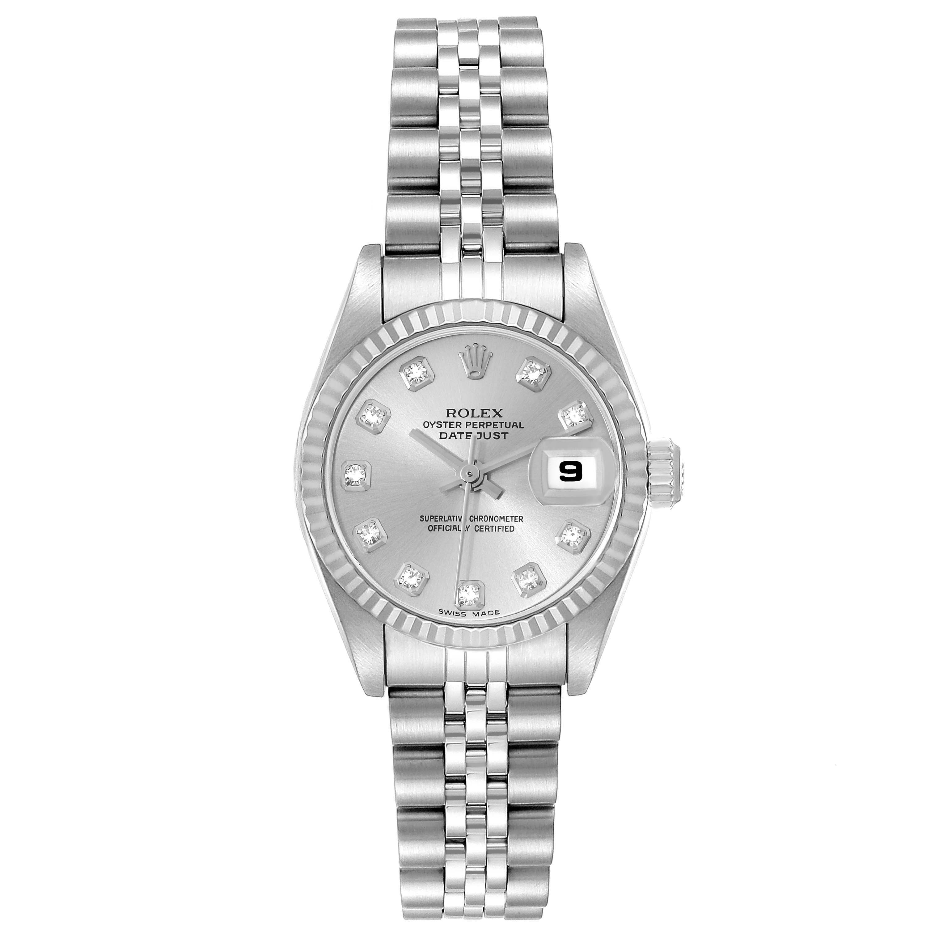 This image shows a Rolex Datejust 79174 Women's Stainless Steel Silver Dial 79174 Women's Stainless Steel Silver Dial watch from the front, highlighting the dial, bezel, crown, and bracelet.