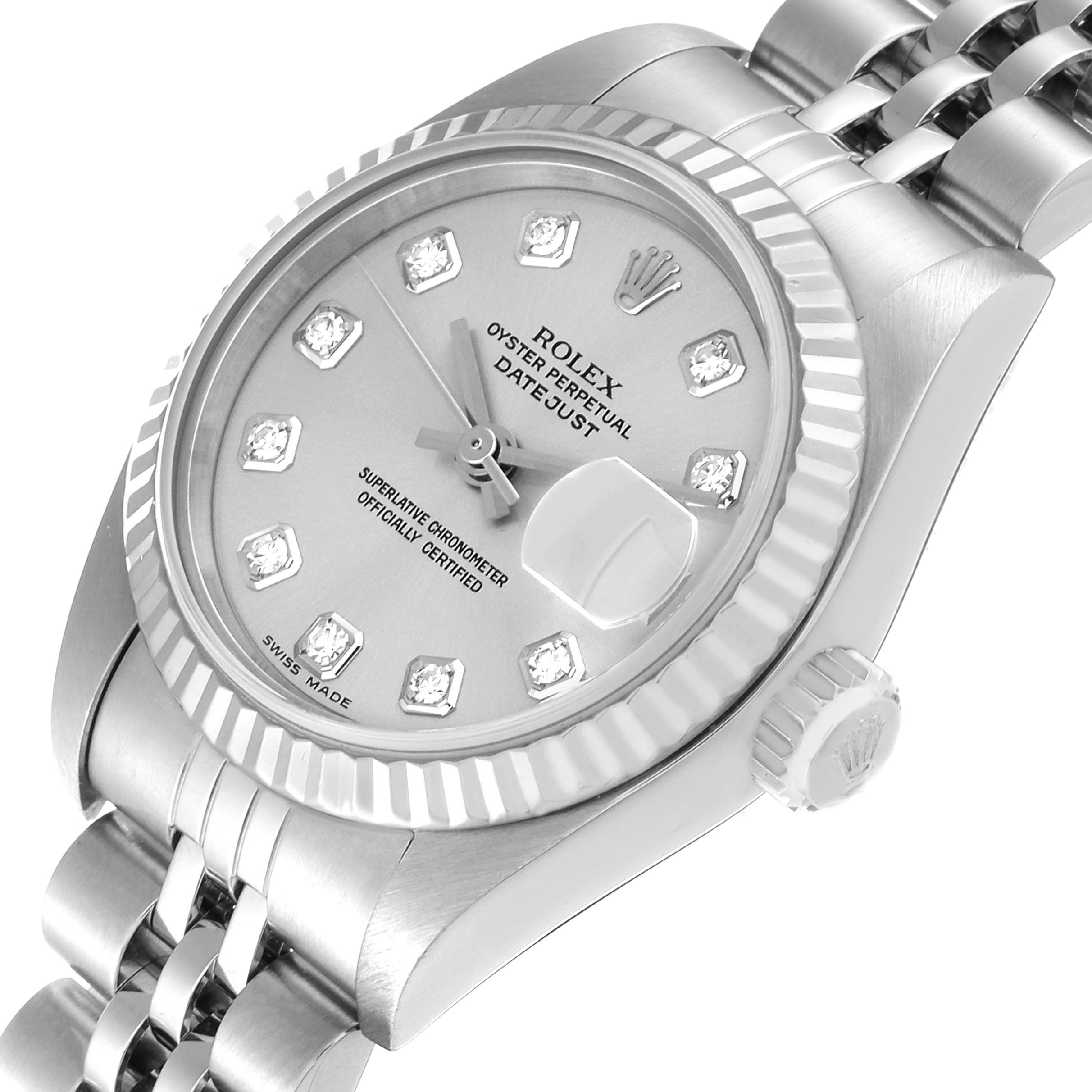The image shows a close-up angled view of a Rolex Datejust 79174 Women's Stainless Steel Silver Dial 79174 Women's Stainless Steel Silver Dial watch, highlighting its dial, bezel, and part of the bracelet.