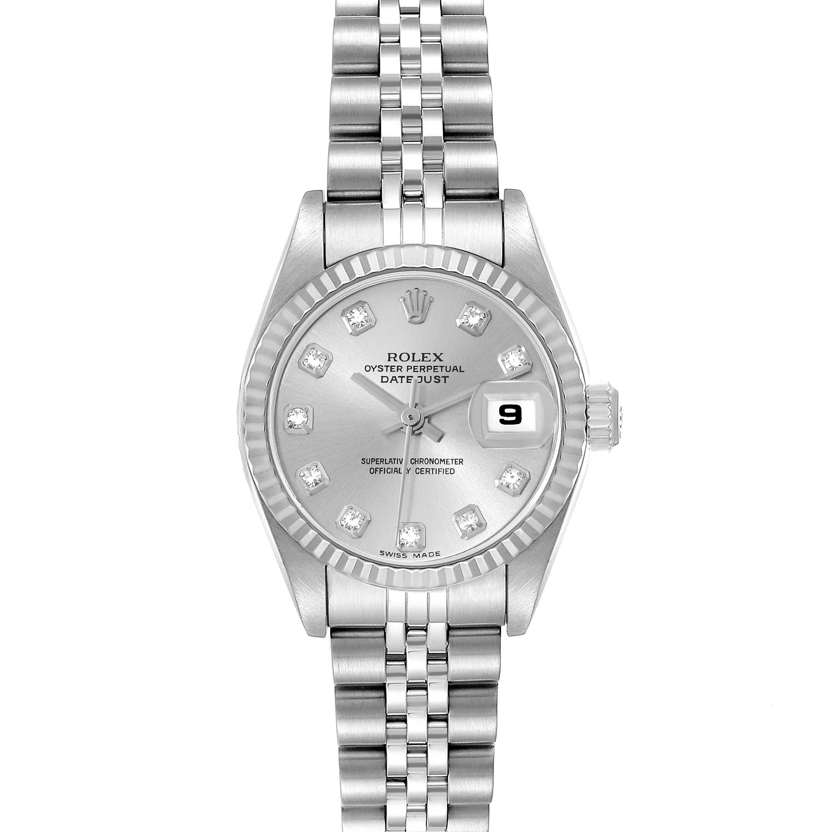 The image shows a Rolex Datejust 79174 Women's Stainless Steel Silver Dial 79174 Women's Stainless Steel Silver Dial watch from a front angle, highlighting its face, bezel, and bracelet.