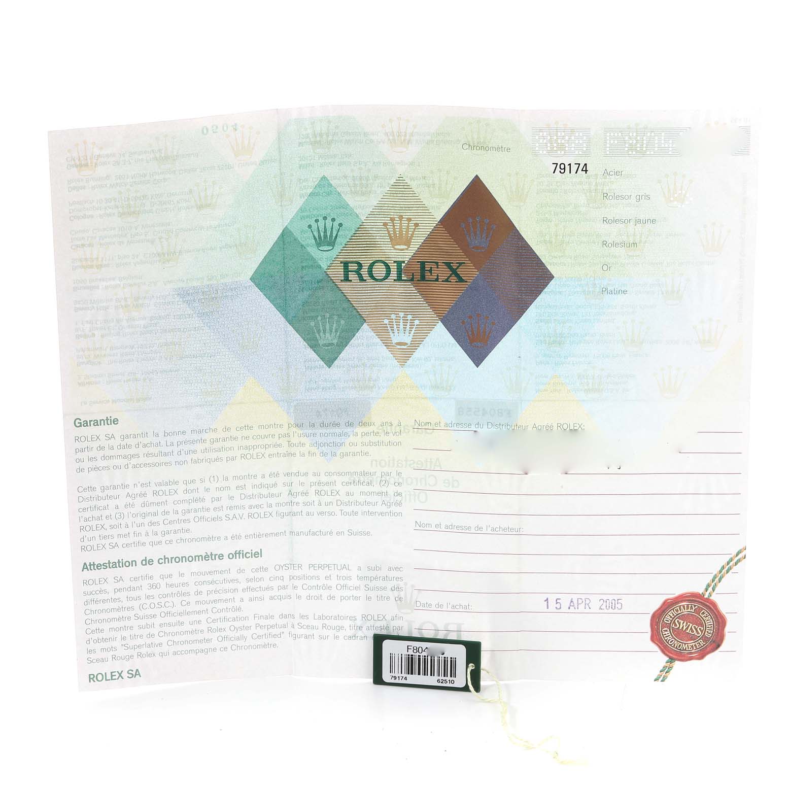 The image shows the warranty and certification documents for the Rolex Datejust 79174 Women's Stainless Steel Silver Dial 79174 Women's Stainless Steel Silver Dial watch model.