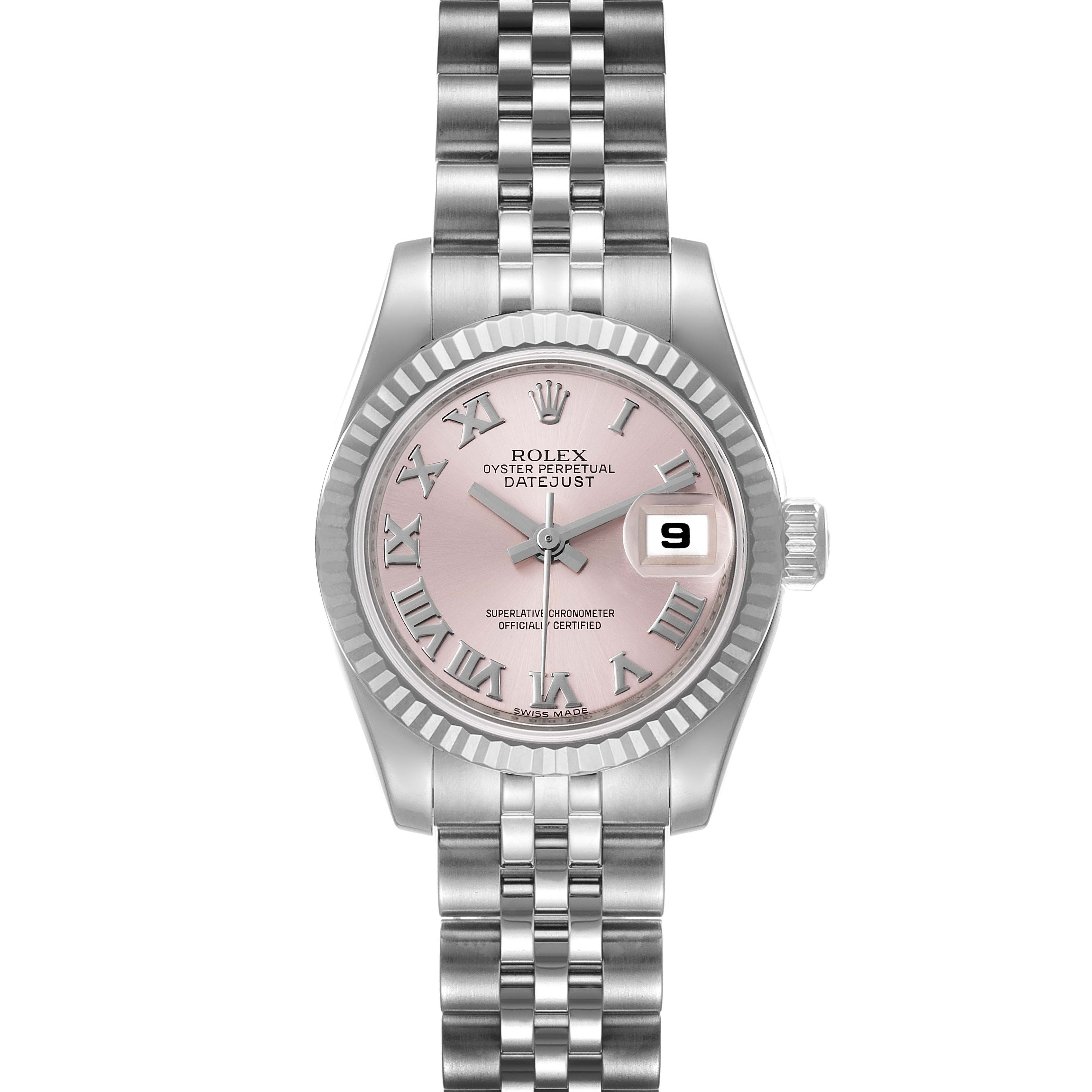 The image shows a front view of a Rolex Datejust 179174 Women's Stainless Steel Pink Dial 179174 Women's Stainless Steel Pink Dial watch with a pink dial and Jubilee bracelet.