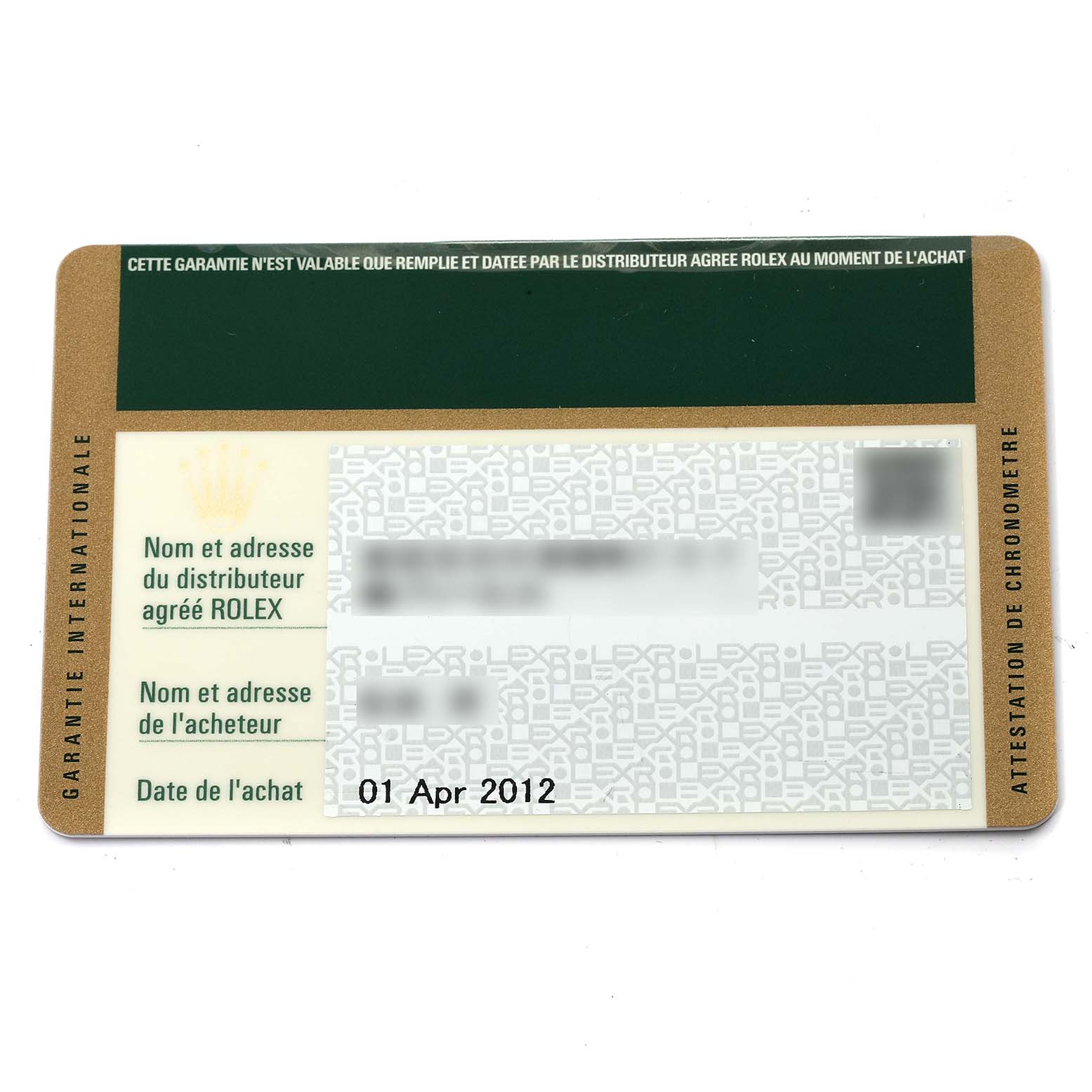 This image shows a warranty card for a Rolex Datejust 179174 Women's Stainless Steel Pink Dial 179174 Women's Stainless Steel Pink Dial watch, containing purchase date and distributor information.