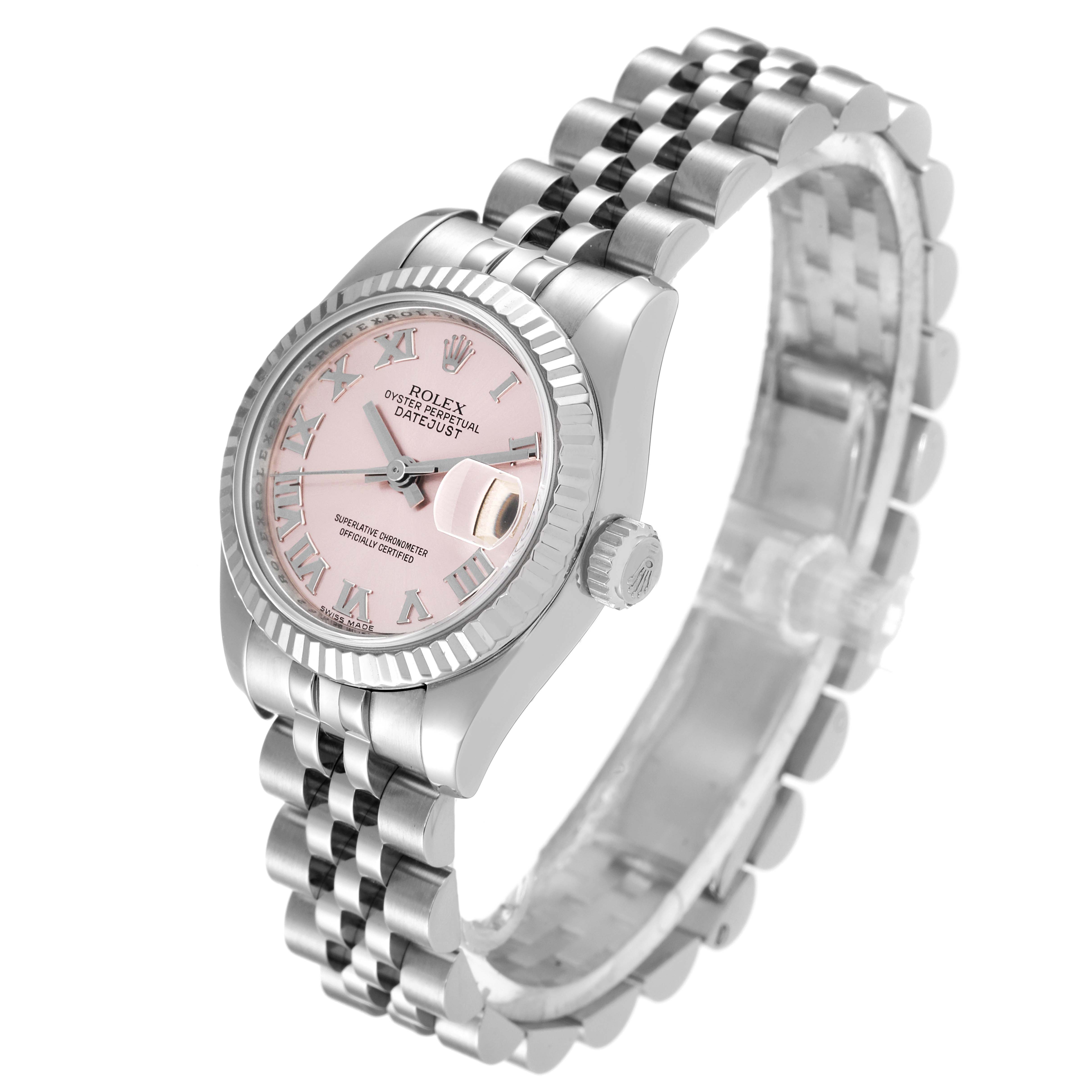 This image shows a Rolex Datejust 179174 Women's Stainless Steel Pink Dial 179174 Women's Stainless Steel Pink Dial model watch angled to display the face, bracelet, and partially the crown.