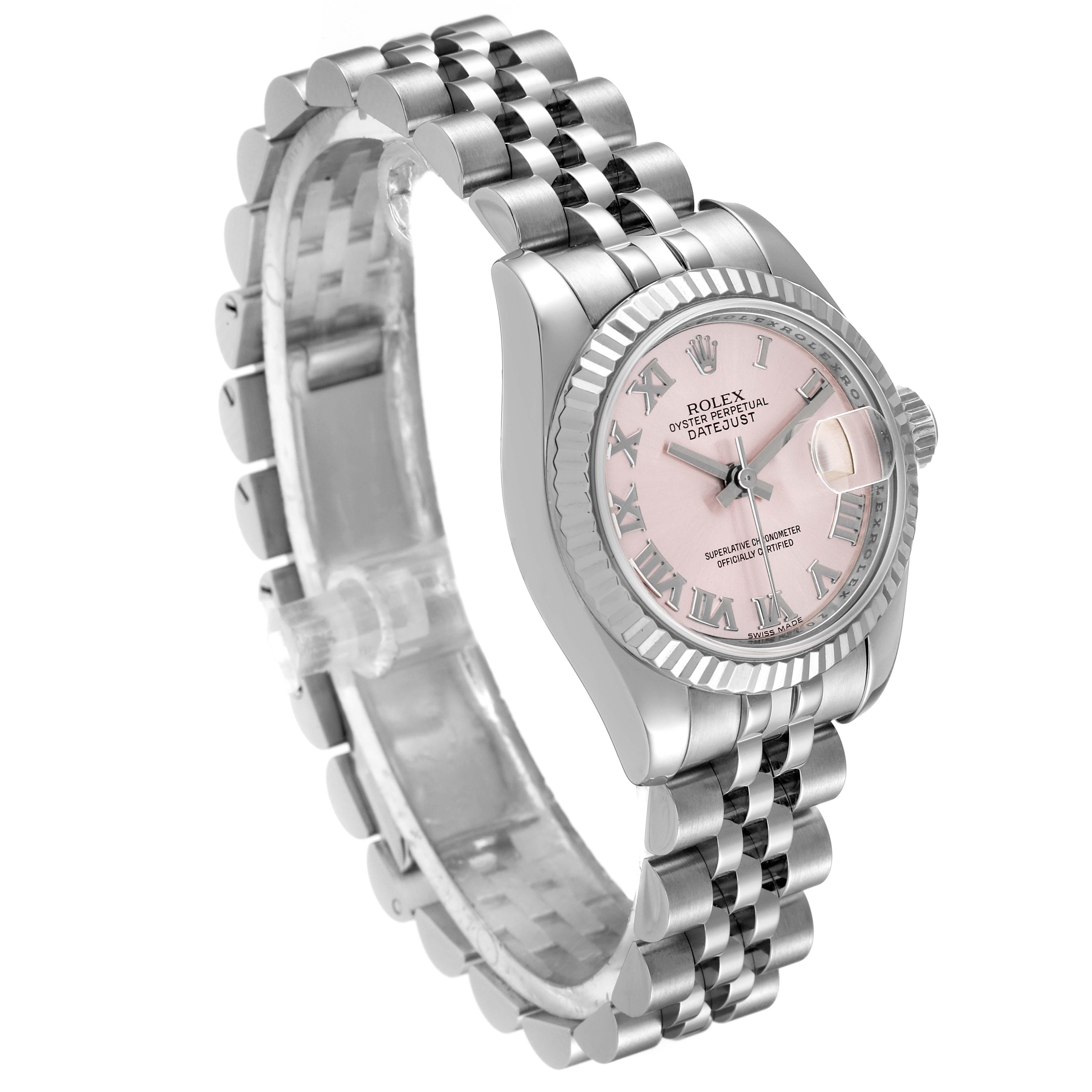 The image shows a Rolex Datejust 179174 Women's Stainless Steel Pink Dial 179174 Women's Stainless Steel Pink Dial watch angled slightly from the left side, displaying the face and stainless steel bracelet.