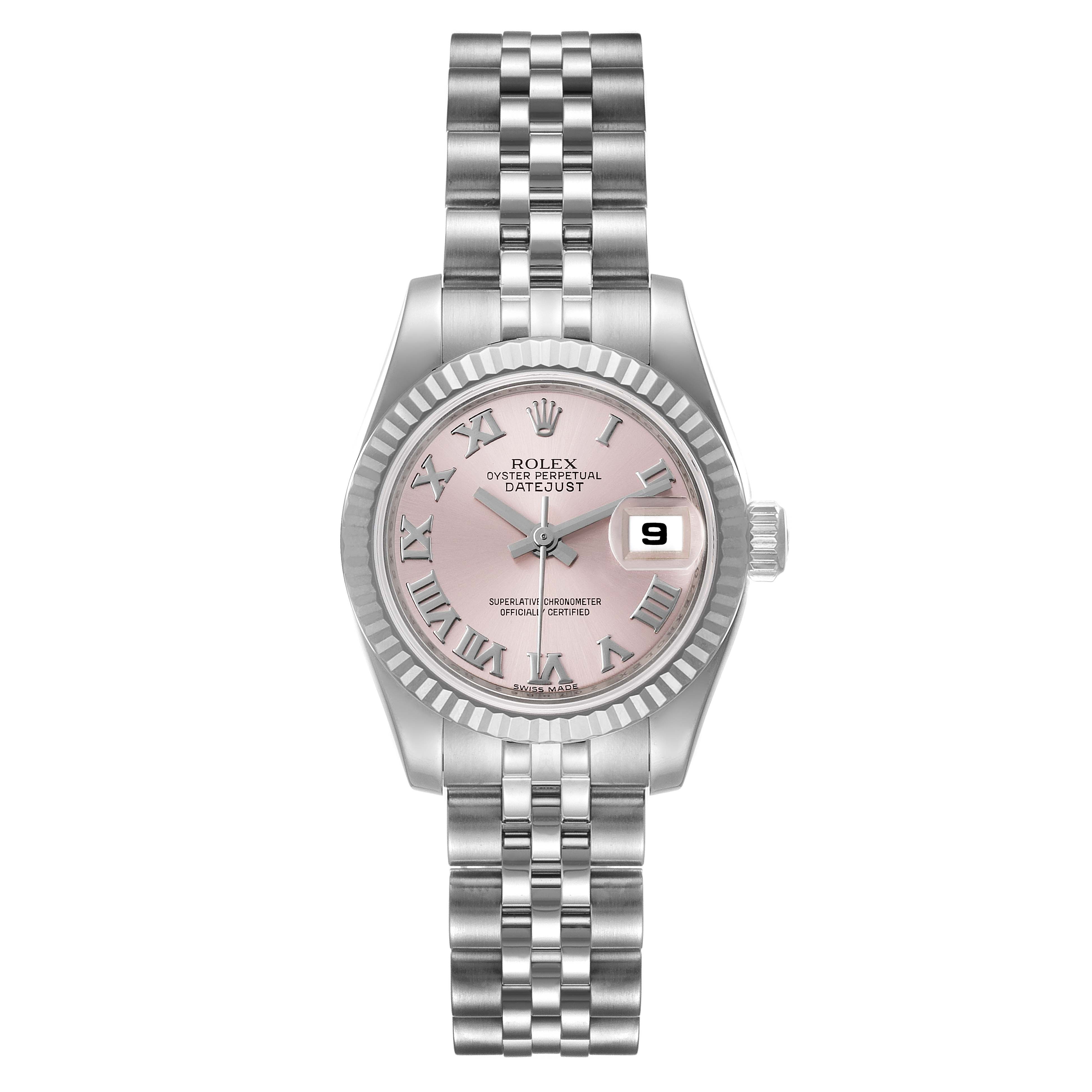 The image shows a Rolex Datejust 179174 Women's Stainless Steel Pink Dial 179174 Women's Stainless Steel Pink Dial watch from a front angle, highlighting its face, bezel, bracelet, and date indicator.