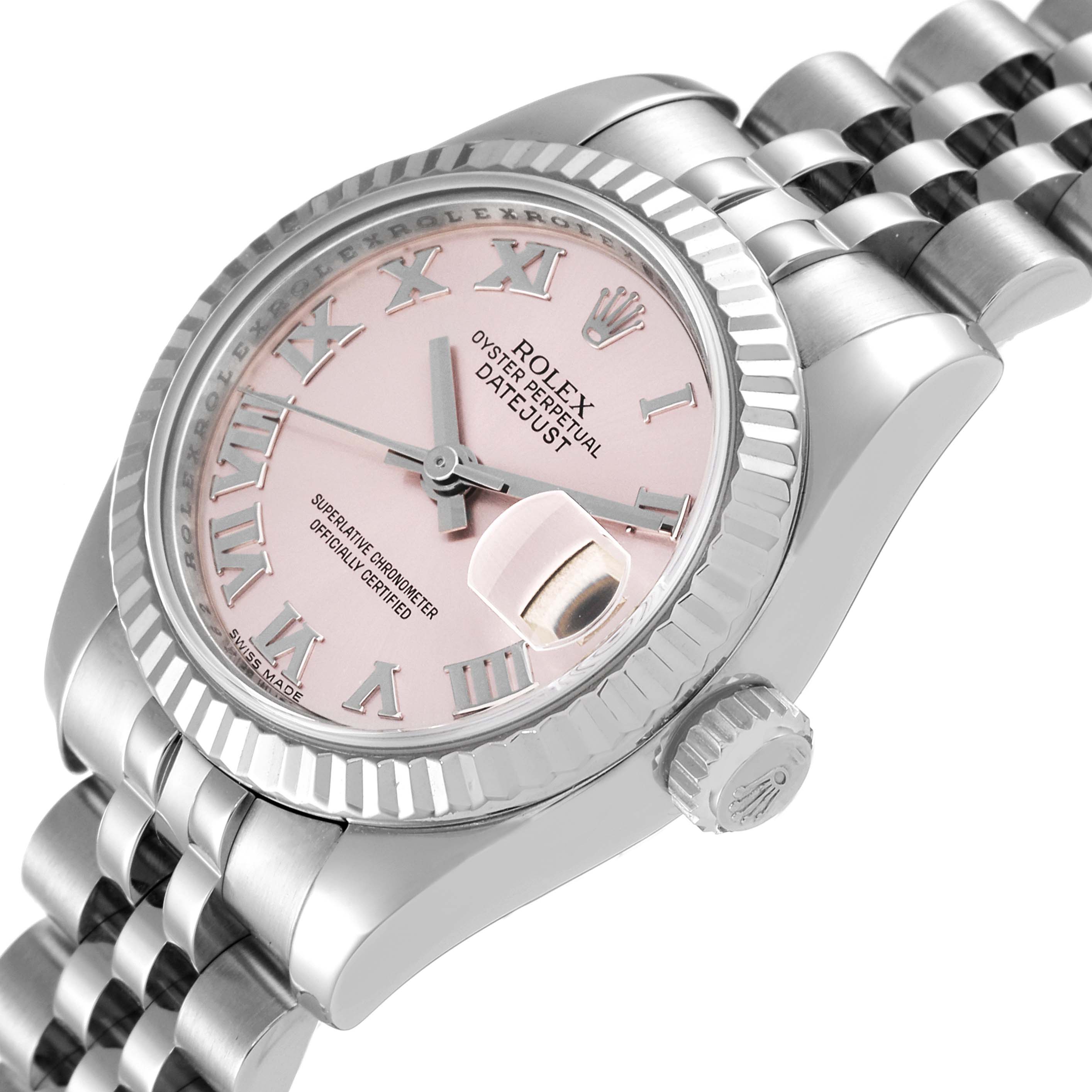 The image shows a Rolex Datejust 179174 Women's Stainless Steel Pink Dial 179174 Women's Stainless Steel Pink Dial watch at a slight side angle, highlighting the pink dial, fluted bezel, and part of the bracelet.
